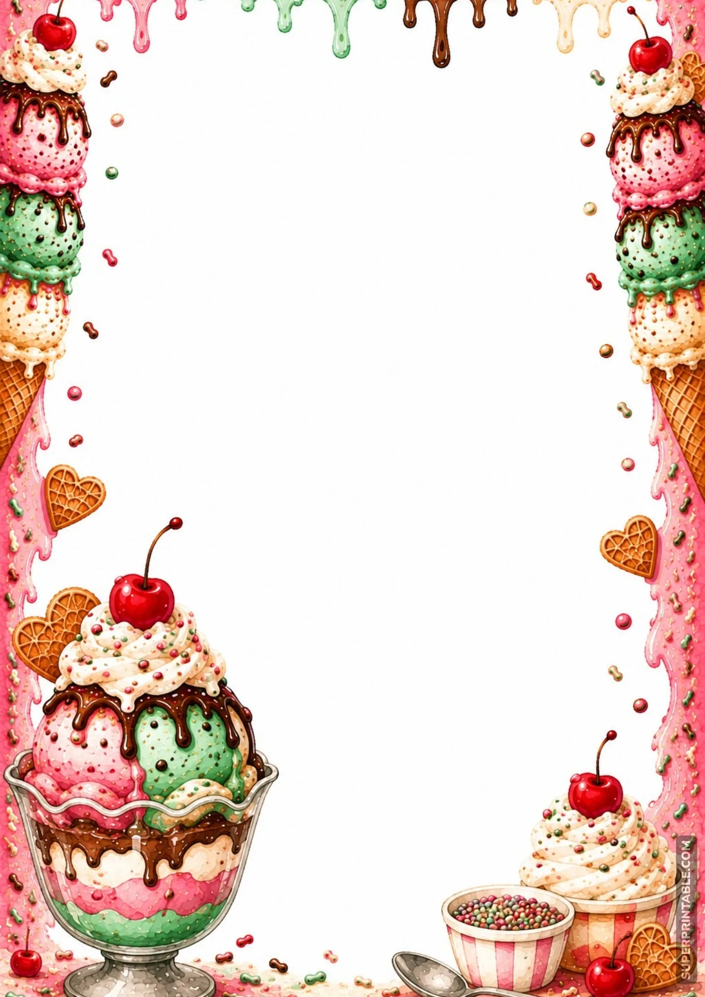 Decadent glass sundae cup filled with scoops and toppings on ice cream parlor borders.