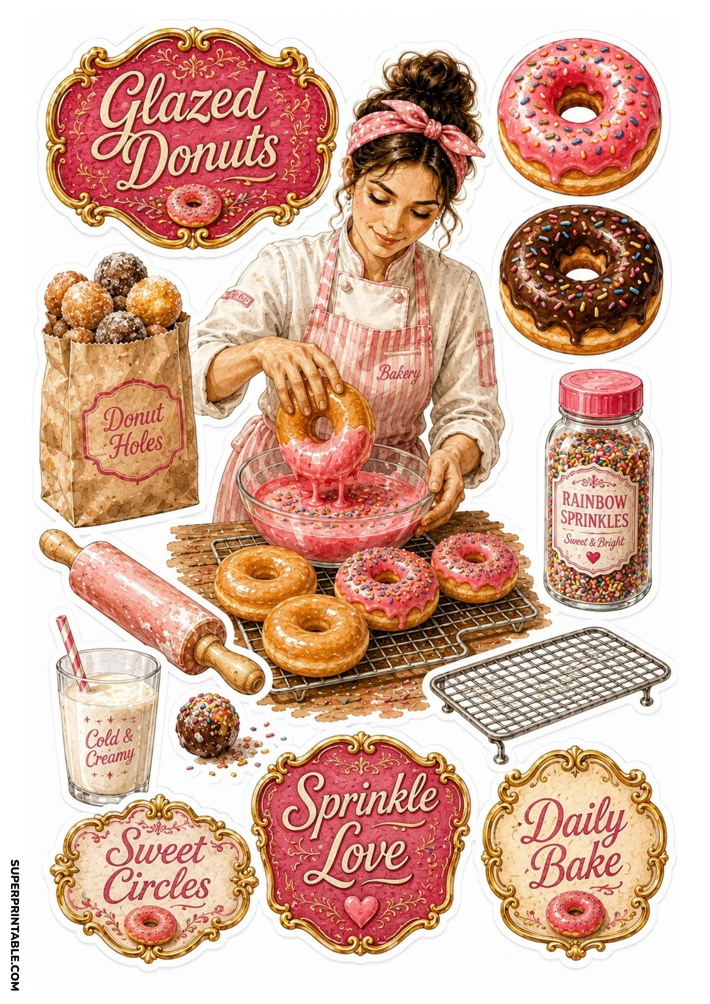 Glazed donut sticker sheet depicting a baker dipping a donut into pink glaze, sprinkle jar, cooling rack, and milk glass.