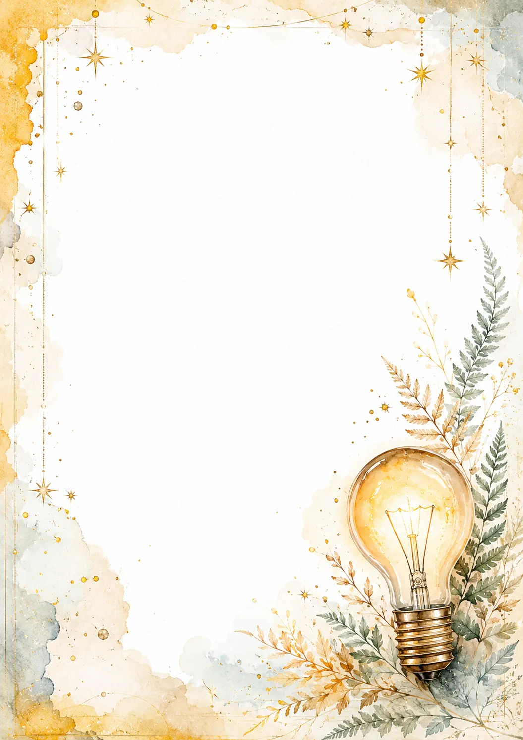 Light bulb writing paper with golden stars, botanical leaves, and a blank white center