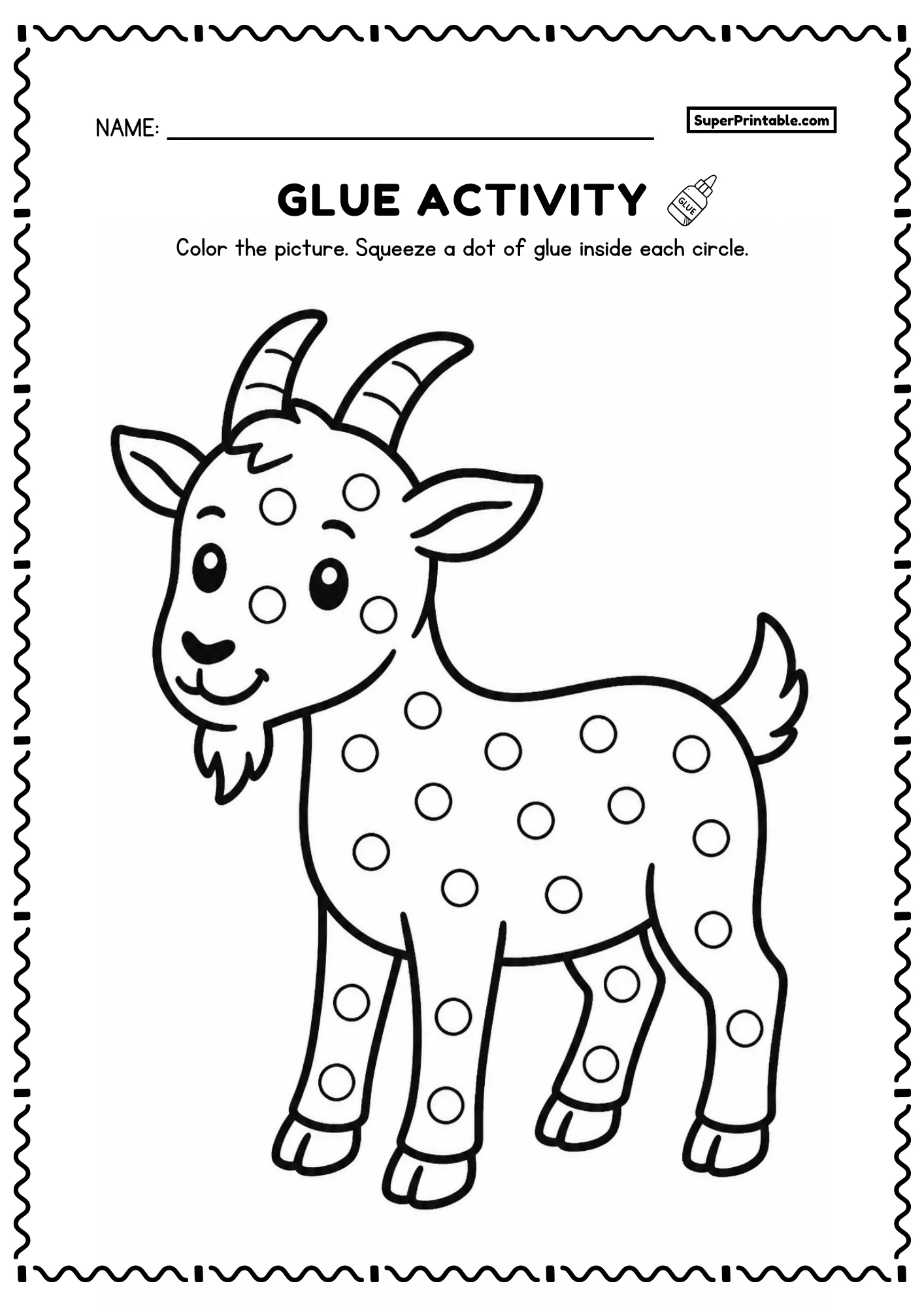 Dot glue farm worksheet featuring cute cartoon goat with curved horns and dot circles for kids