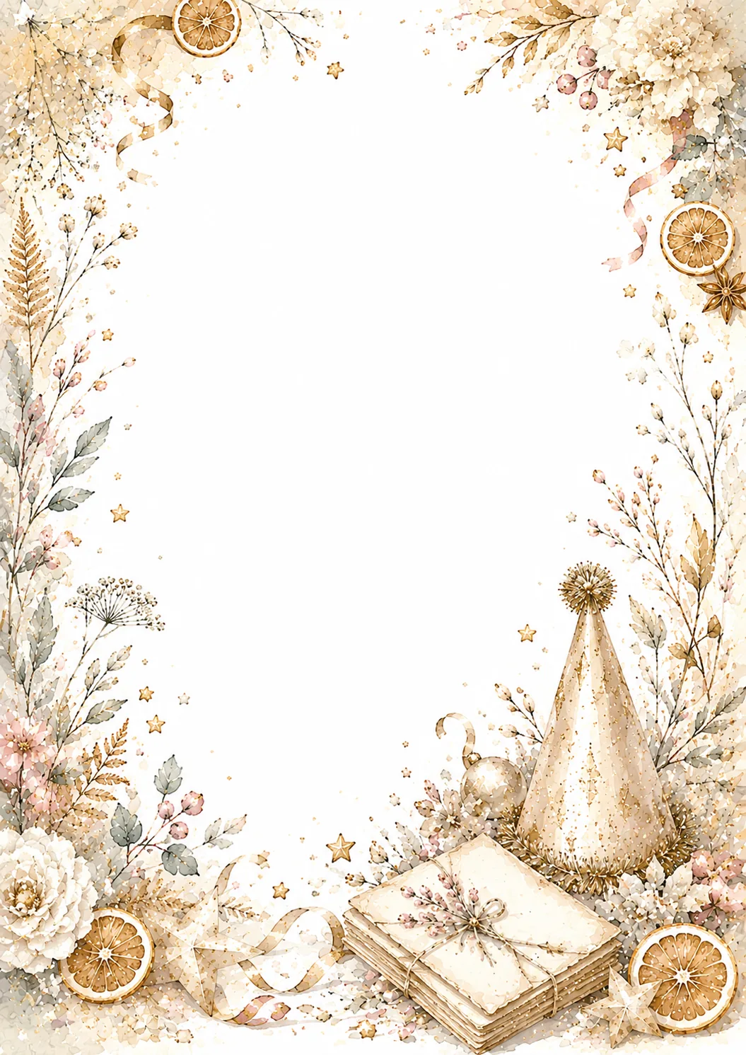 New year writing papers with gold party hat, envelopes, flowers and elegant festive border.