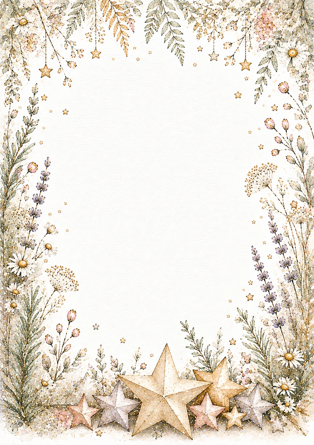 Floral garden themed stationery with hanging stars and decorative gold star arrangement.