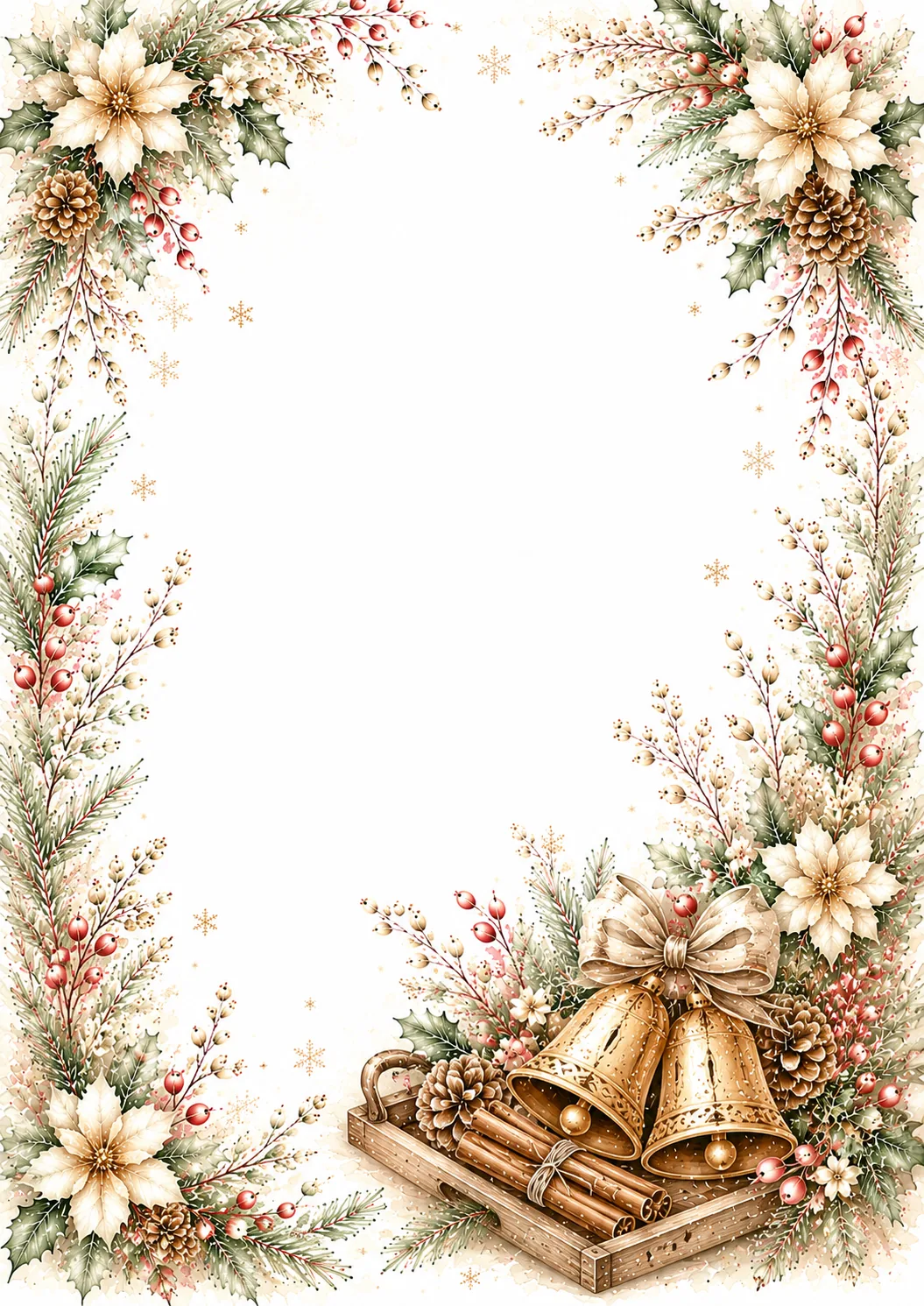 Christmas watercolor borders with golden bells, poinsettias, pinecones, holly, berries, and greenery