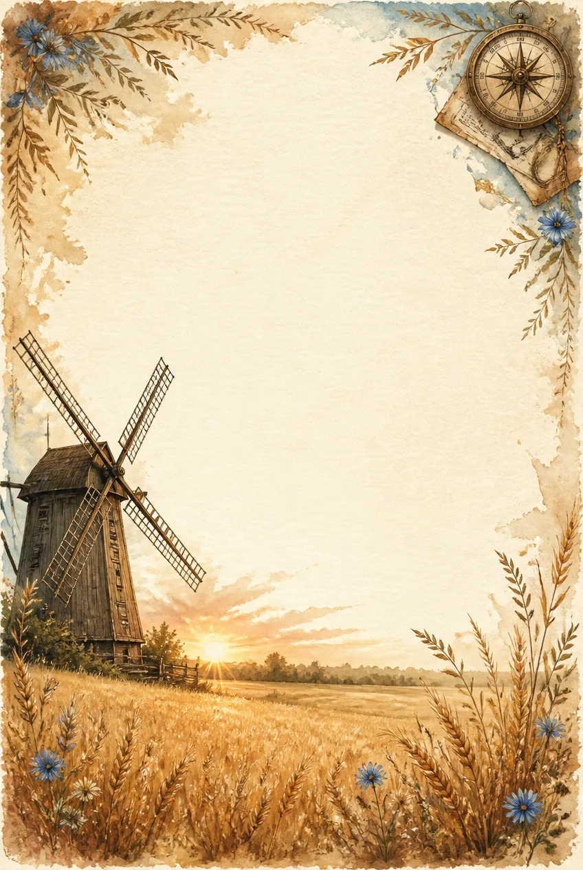 Vintage countryside border with a wooden windmill in a golden field and an antique compass.