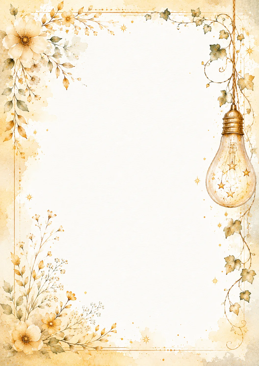 Golden floral watercolor border with a hanging bulb, ivy vines, and open white writing space