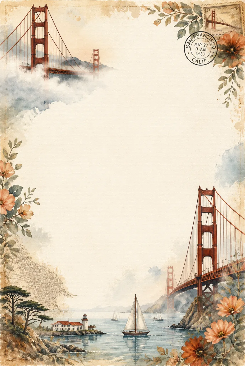 Golden Gate Bridge watercolor page border with misty bay scenery and floral accents.