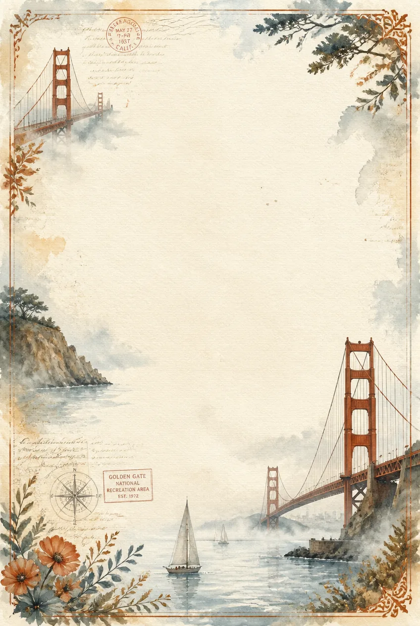 Vintage page border featuring the Golden Gate Bridge, sailboats, and a compass rose design.