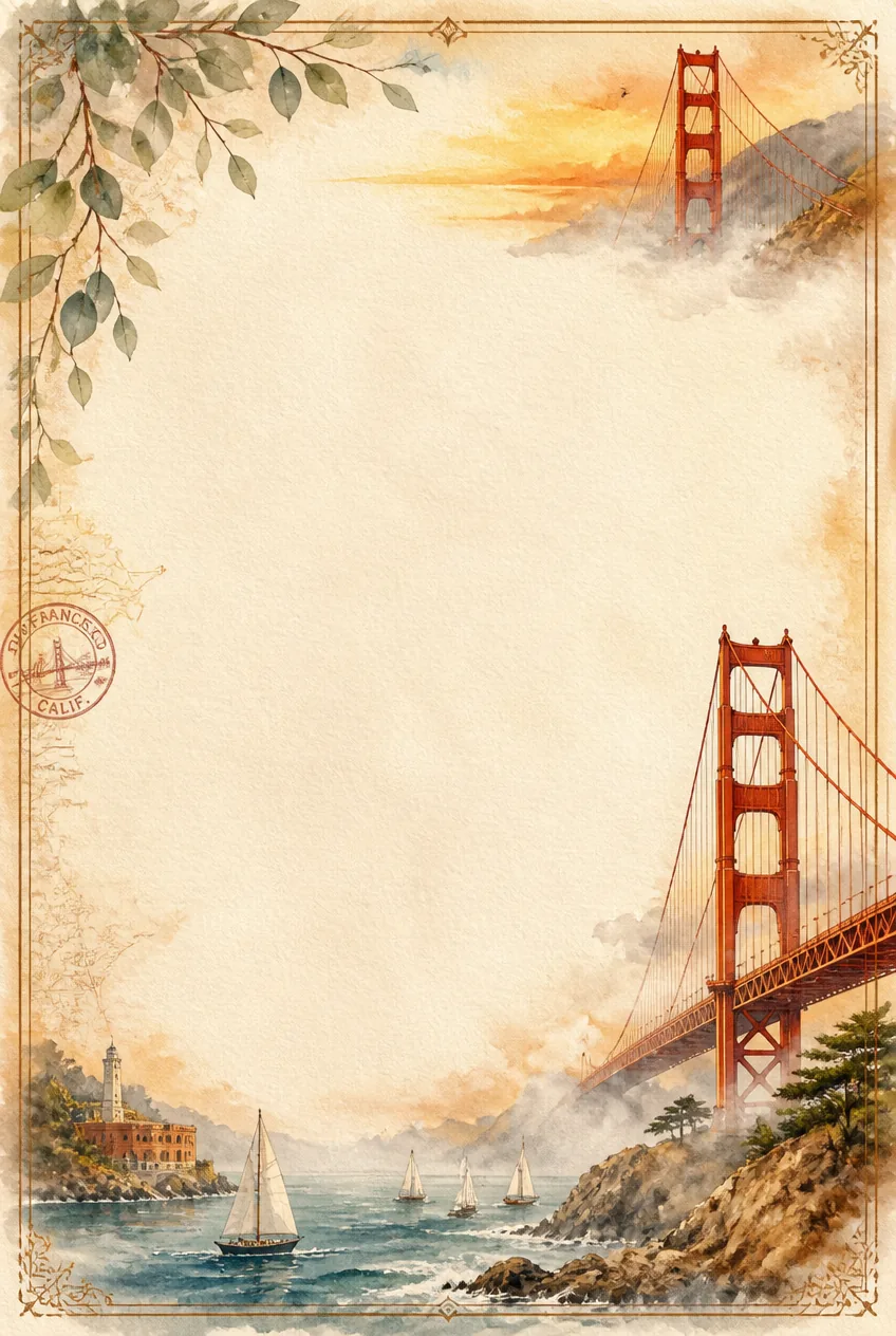 Warm sunset watercolor page border showcasing the Golden Gate Bridge and coastal cliffs.