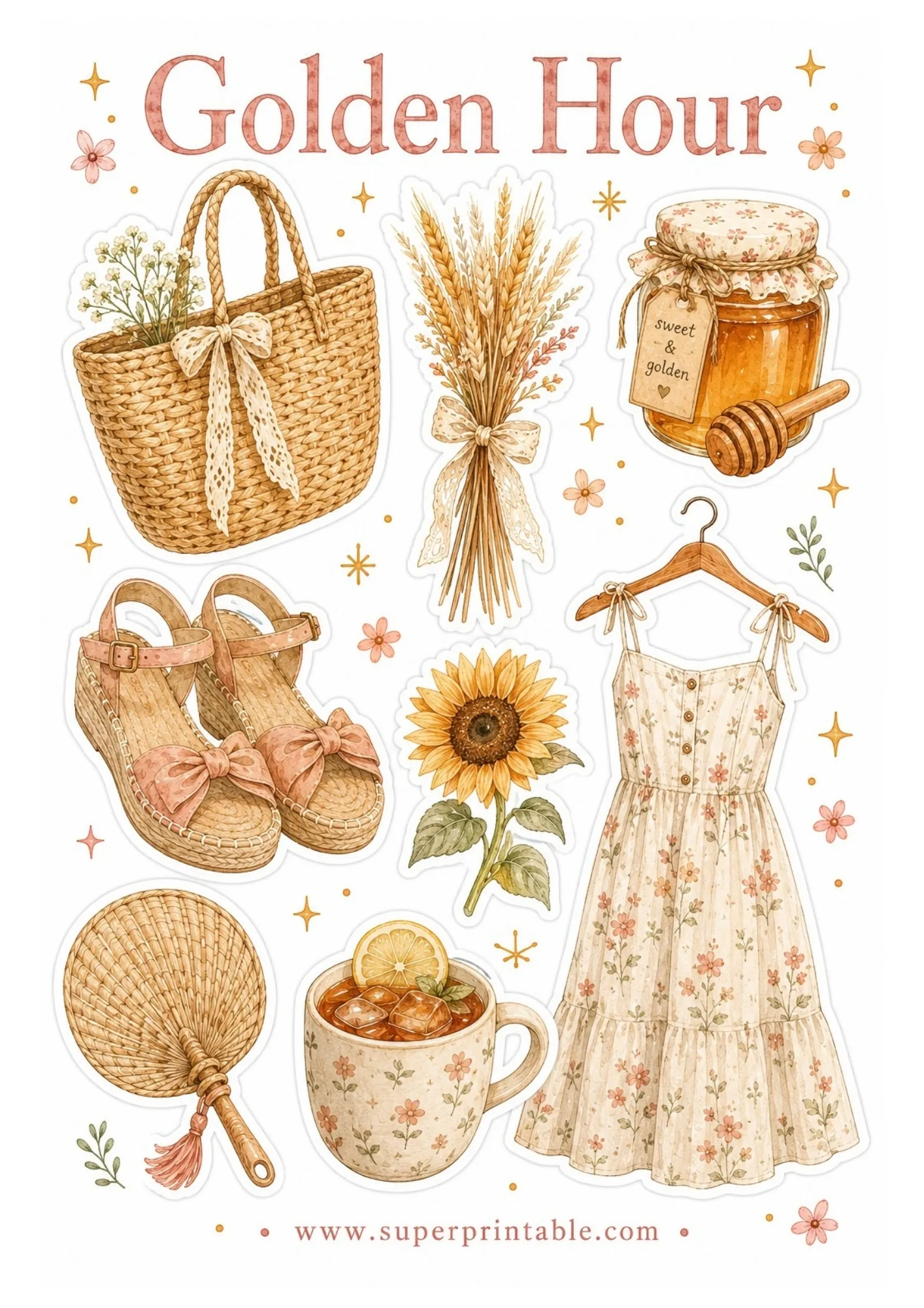 Printable aesthetic sticker sheet featuring watercolor straw tote, wheat bundle, honey jar, wedge sandals, sunflower, sundress, and iced tea.