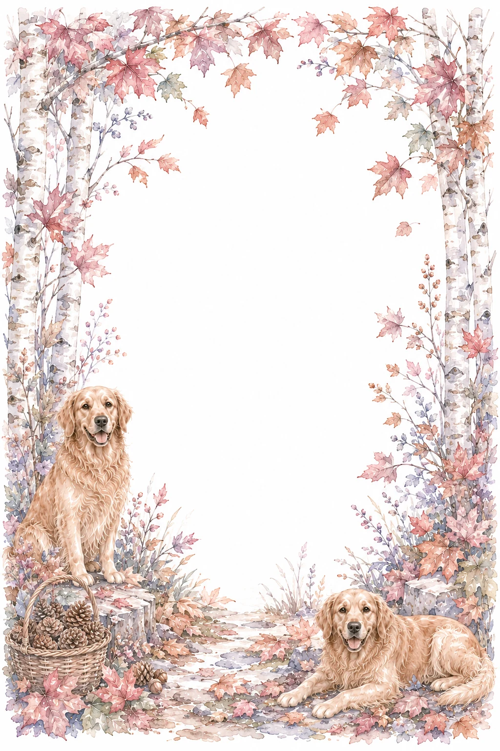 Watercolor border page featuring a Golden Retriever in a autumn setting, with a blank center and no text or watermark.