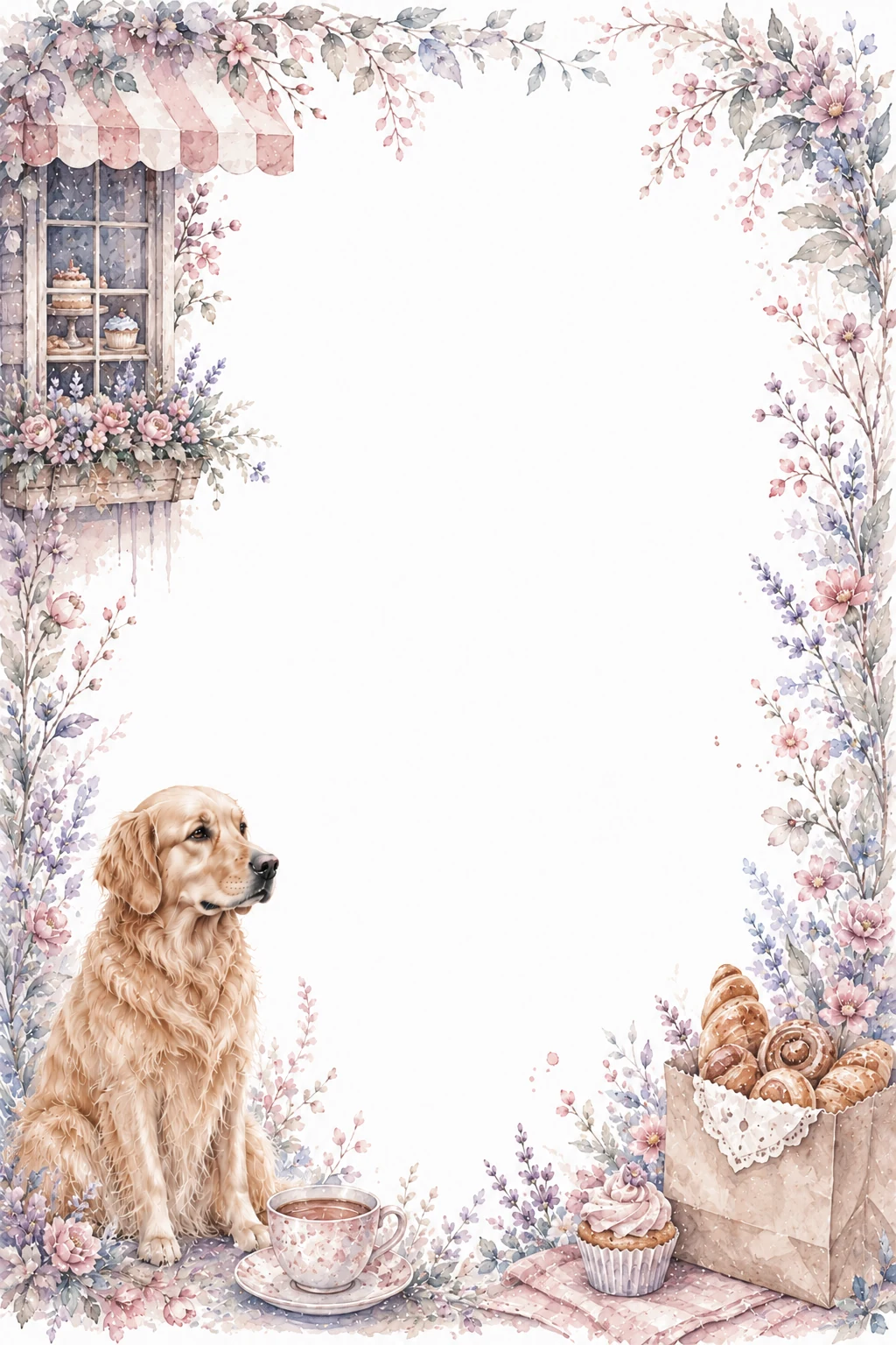 Watercolor border page featuring a Golden Retriever in a bakery setting, with a blank center and no text or watermark.