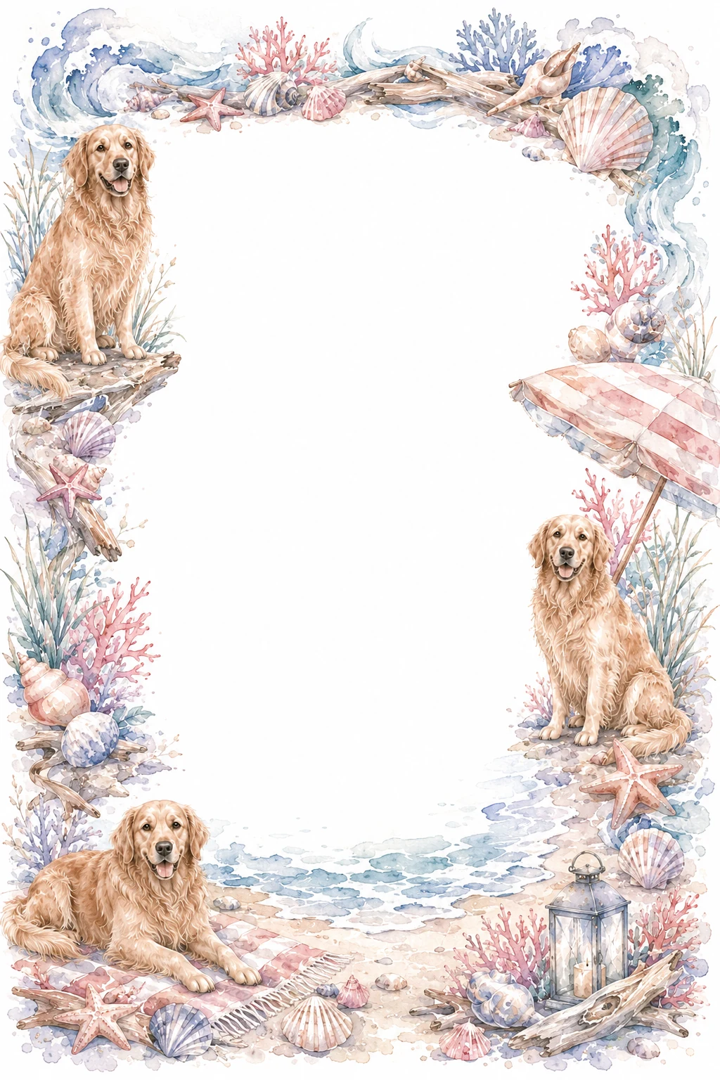 Watercolor border page featuring a Golden Retriever in a beach setting, with a blank center and no text or watermark.