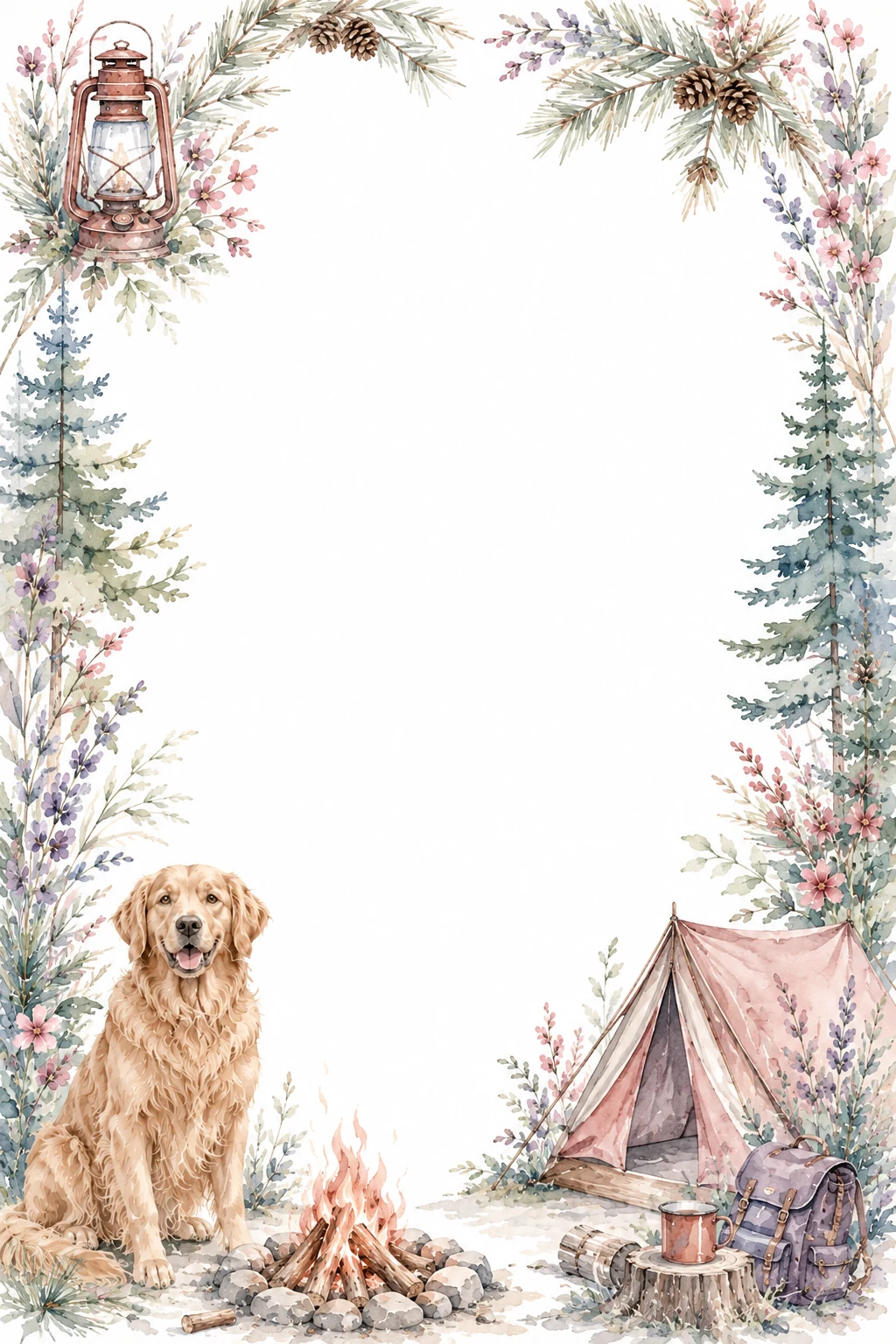 Watercolor border page featuring a Golden Retriever in a camping setting, with a blank center and no text or watermark.