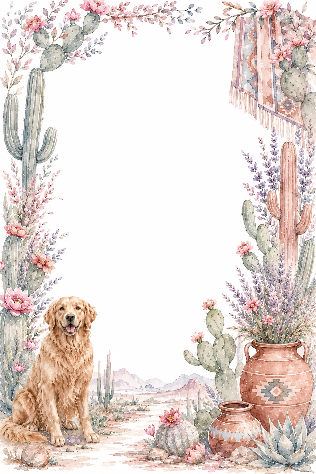 Watercolor border page featuring a Golden Retriever in a desert setting, with a blank center and no text or watermark.