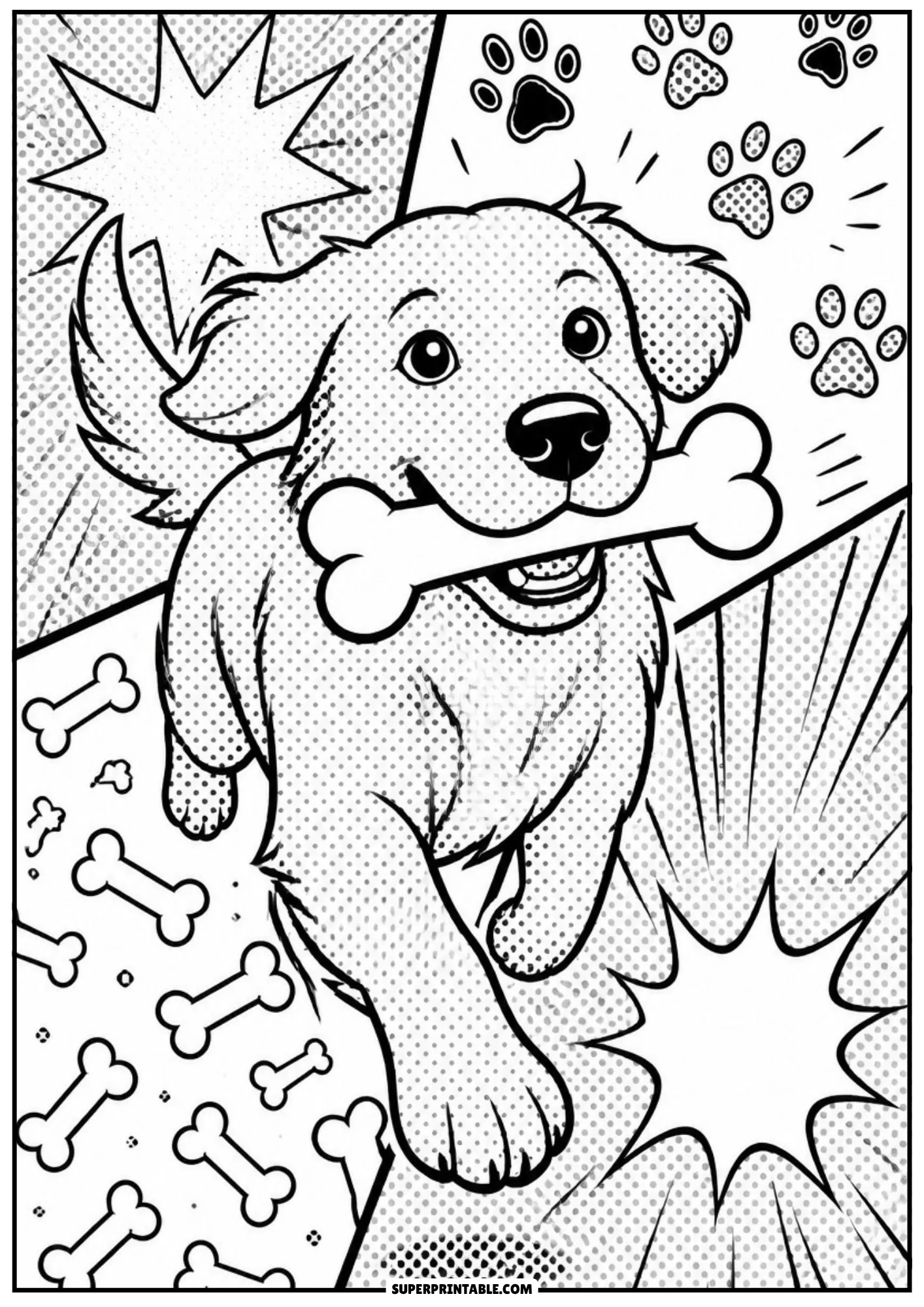 Happy dog carrying a large chew bone in mouth with comic style speed lines and paw patterns.