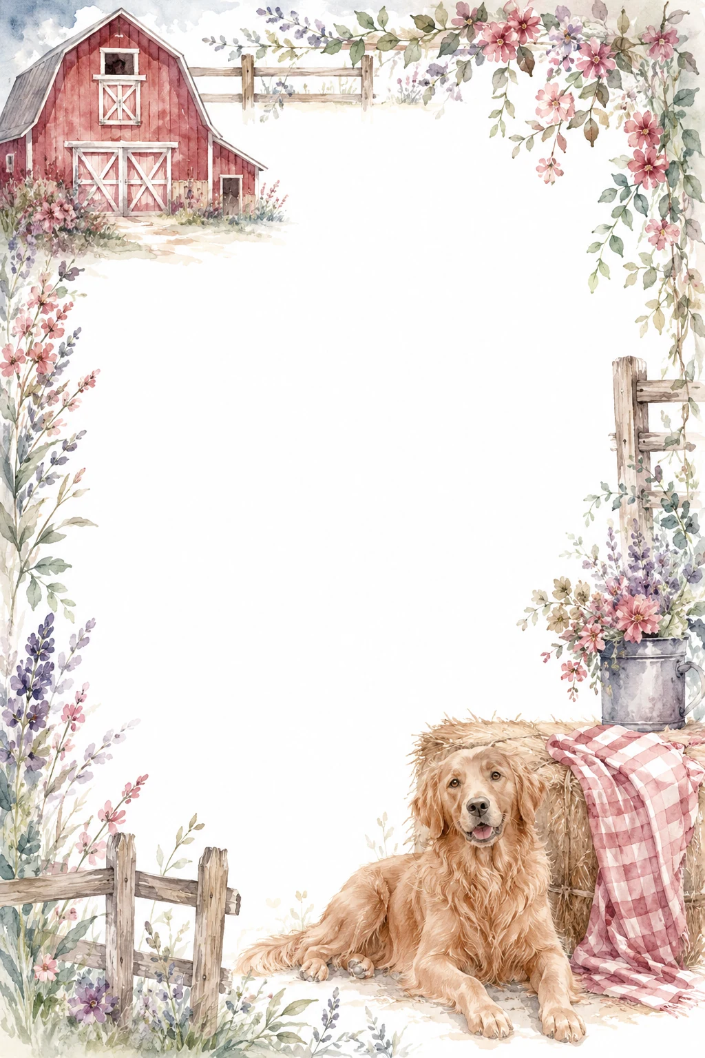 Watercolor border page featuring a Golden Retriever in a farmhouse setting, with a blank center and no text or watermark.