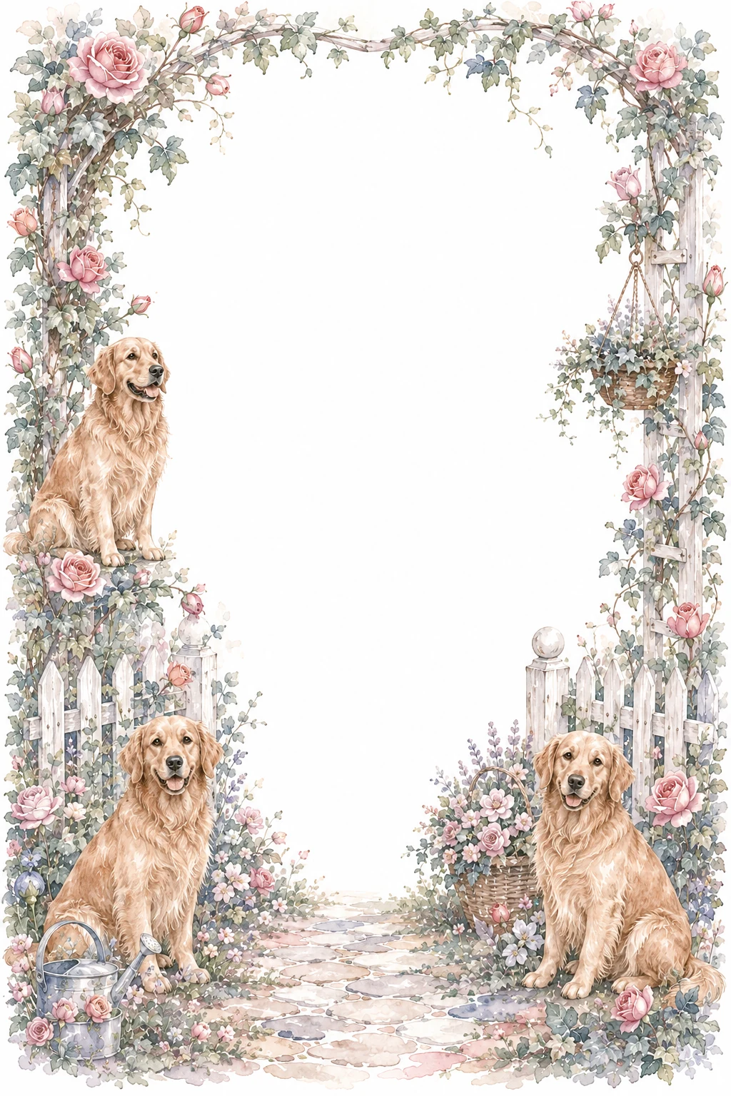 Watercolor border page featuring a Golden Retriever in a garden setting, with a blank center and no text or watermark.