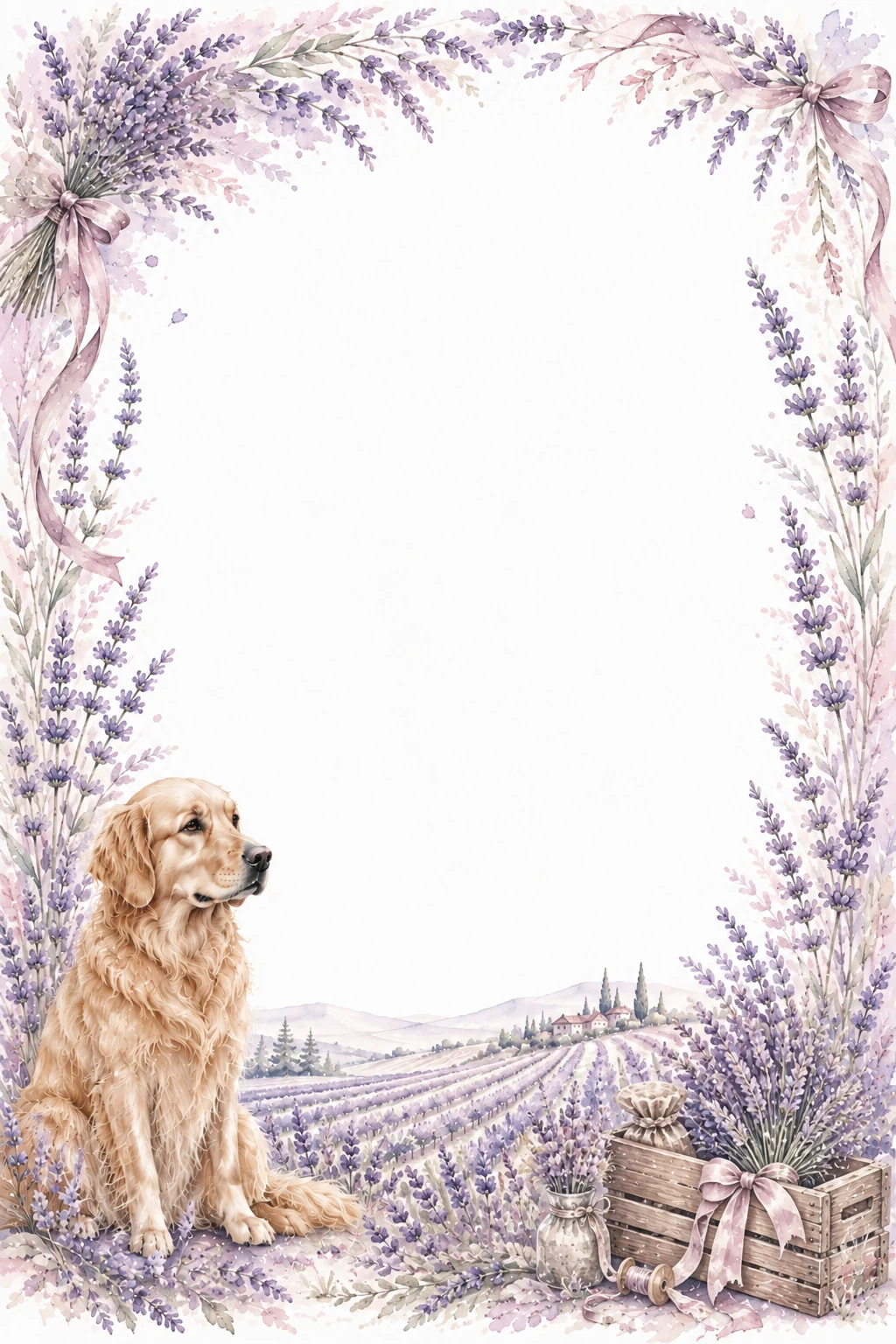 Watercolor border page featuring a Golden Retriever in a lavender field setting, with a blank center and no text or watermark.