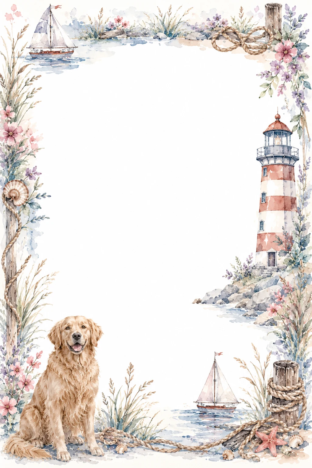 Watercolor border page featuring a Golden Retriever in a lighthouse setting, with a blank center and no text or watermark.