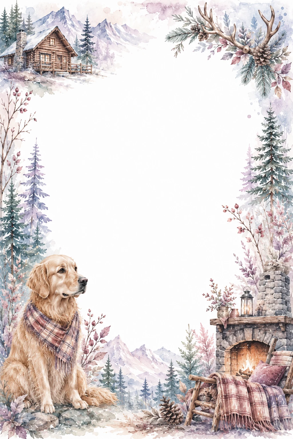 Watercolor border page featuring a Golden Retriever in a mountain lodge setting, with a blank center and no text or watermark.