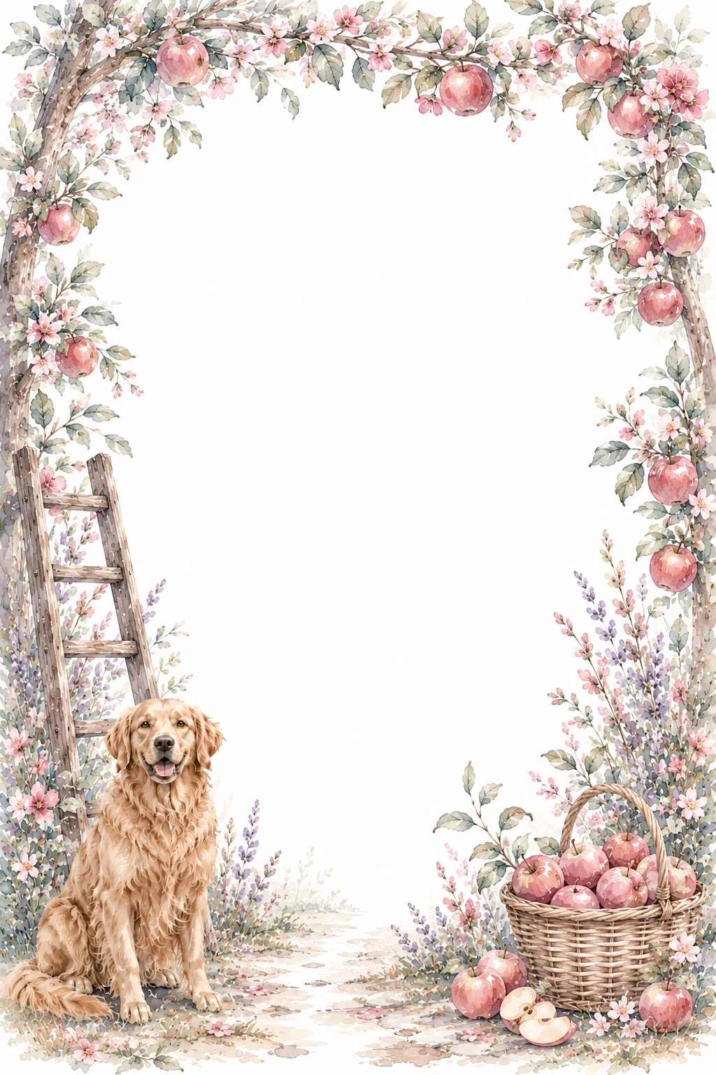 Watercolor border page featuring a Golden Retriever in a orchard setting, with a blank center and no text or watermark.