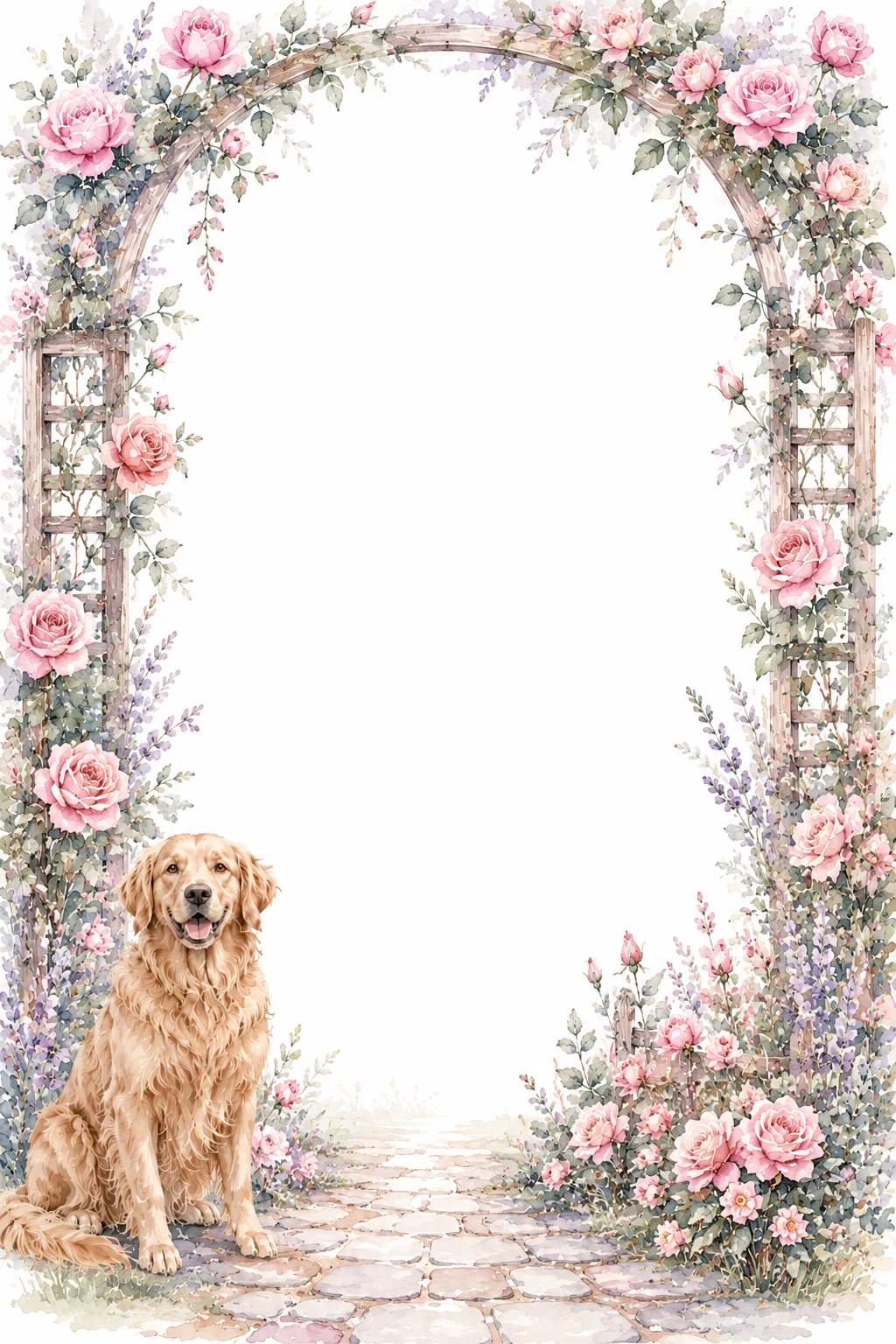 Watercolor border page featuring a Golden Retriever in a rose trellis setting, with a blank center and no text or watermark.