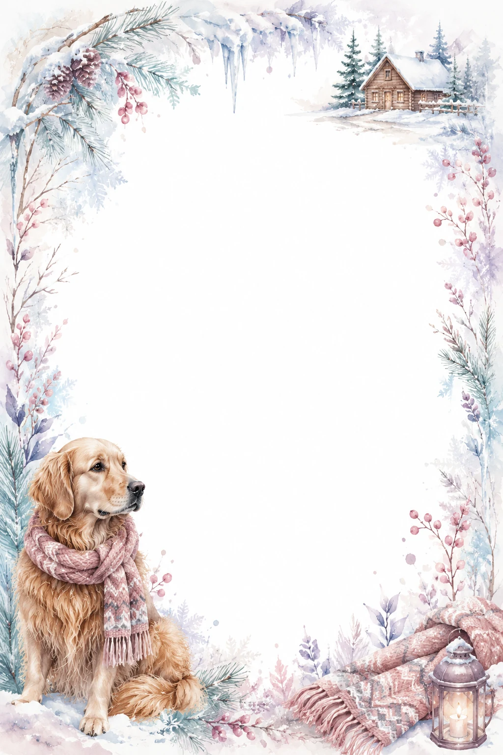 Watercolor border page featuring a Golden Retriever in a snow cabin setting, with a blank center and no text or watermark.