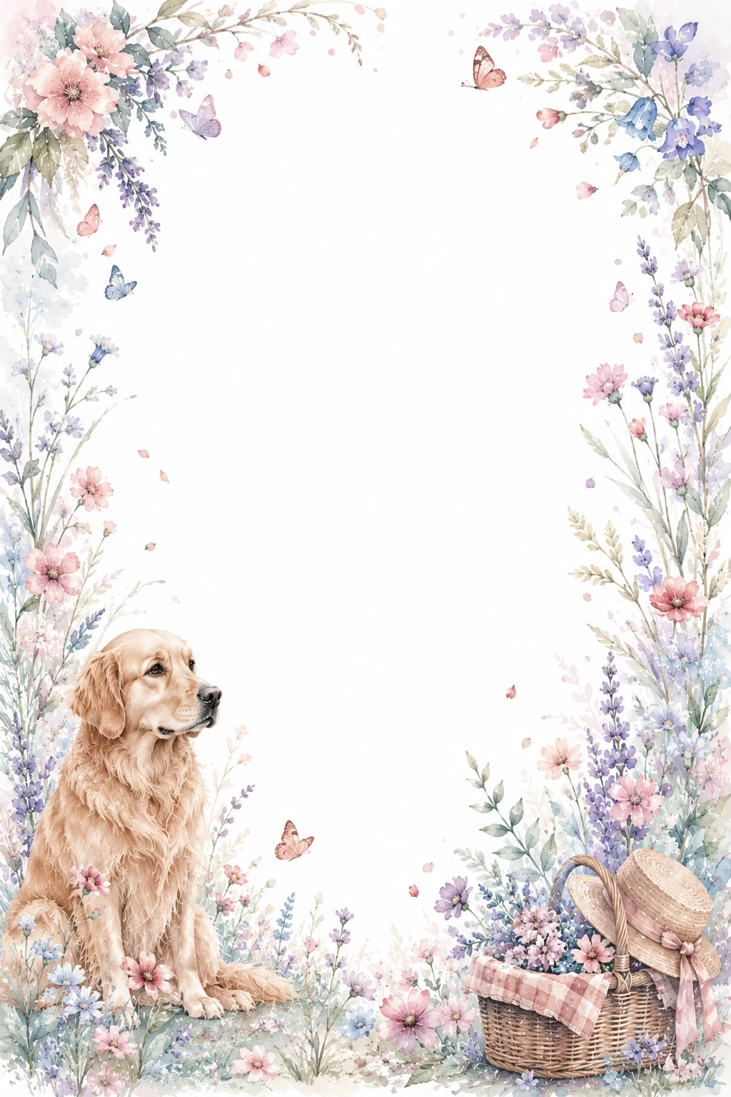 Watercolor border page featuring a Golden Retriever in a spring meadow setting, with a blank center and no text or watermark.