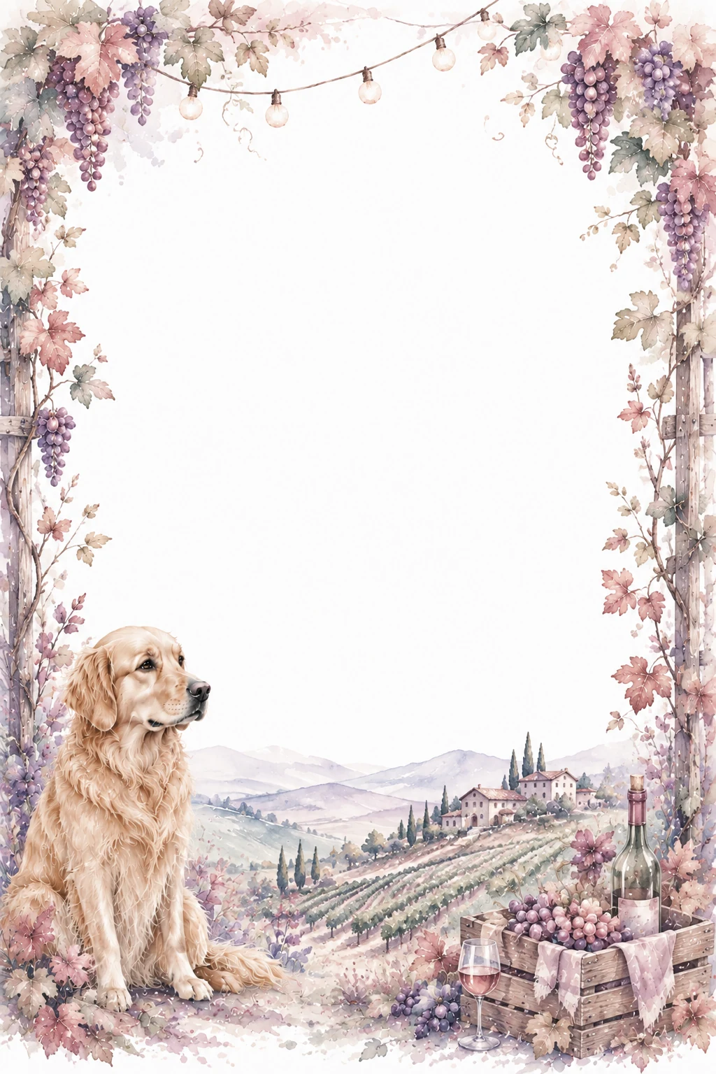 Watercolor border page featuring a Golden Retriever in a vineyard setting, with a blank center and no text or watermark.