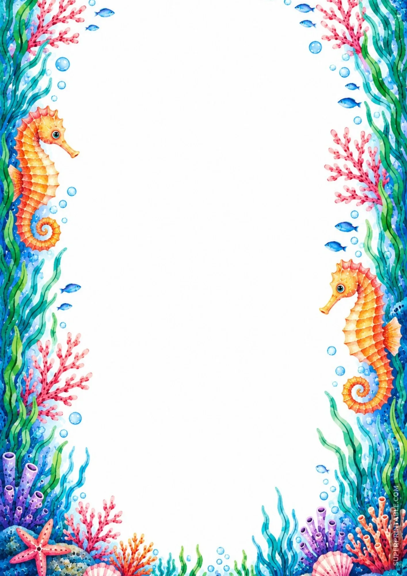 Golden seahorses resting along a seaweed and coral reef framed printable sheet.