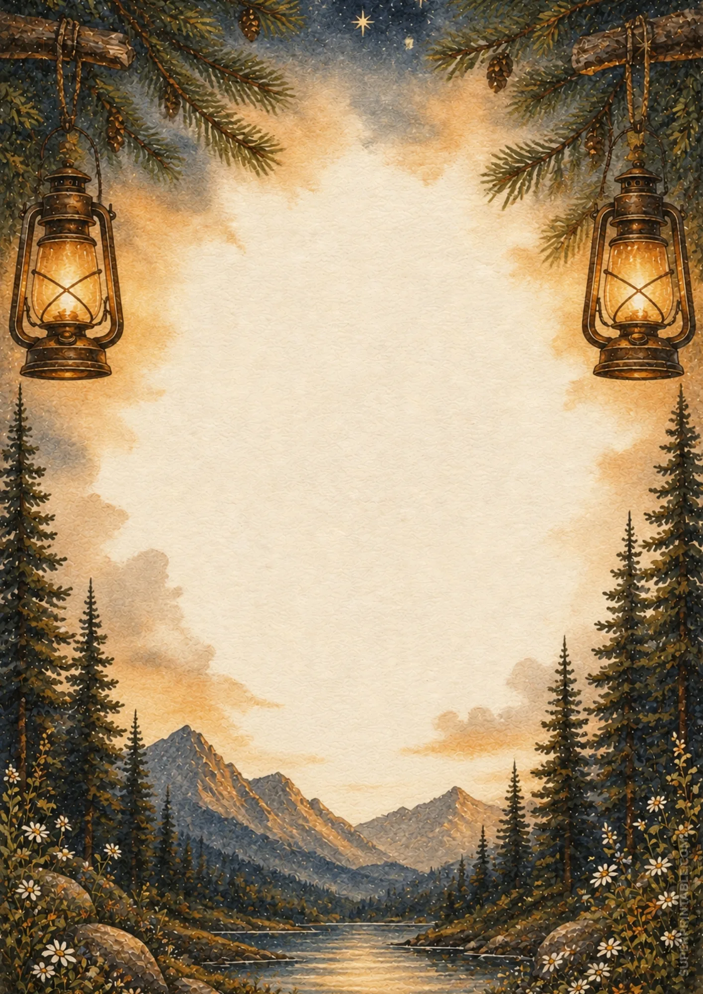 Golden hour mountain page border with hanging lit lanterns and glowing sunset river scene.