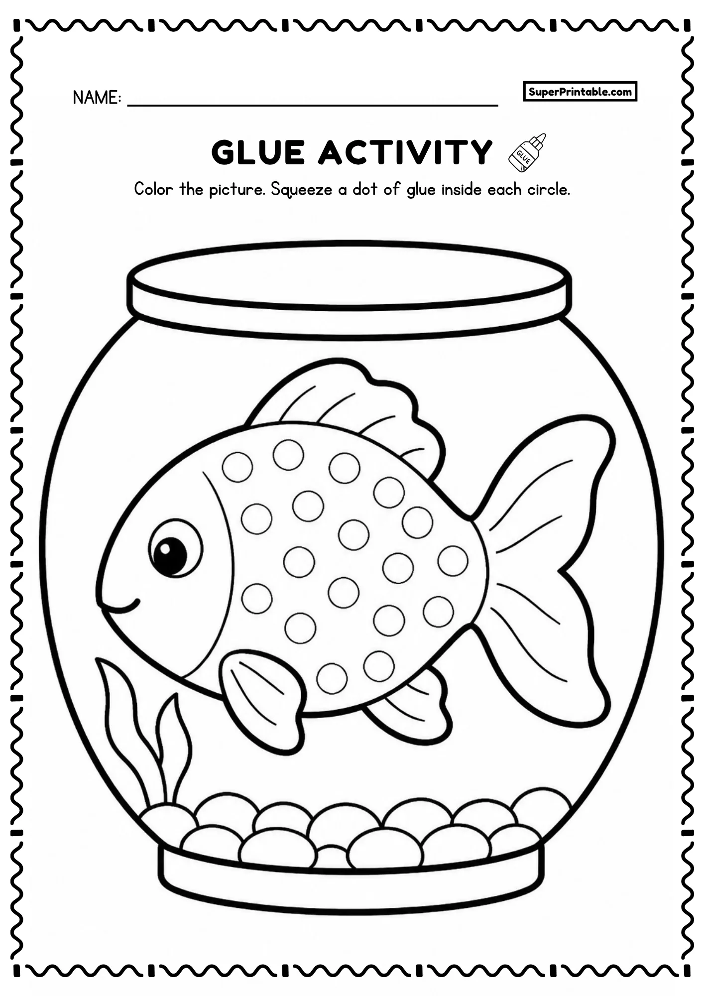 Goldfish swimming in fish bowl printable glue worksheet with dot circles for toddlers