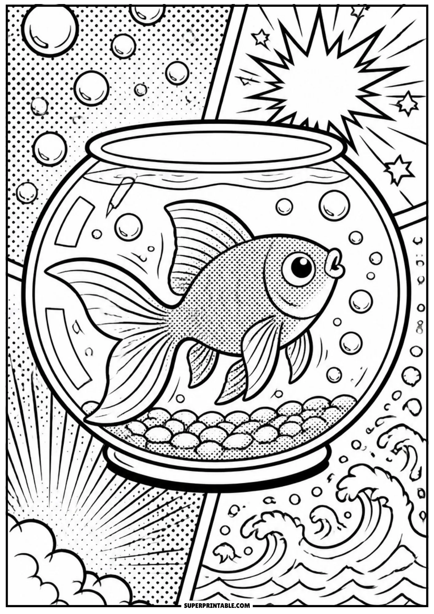 Detailed goldfish swimming inside a glass bowl surrounded by pop art bubbles and ocean waves.