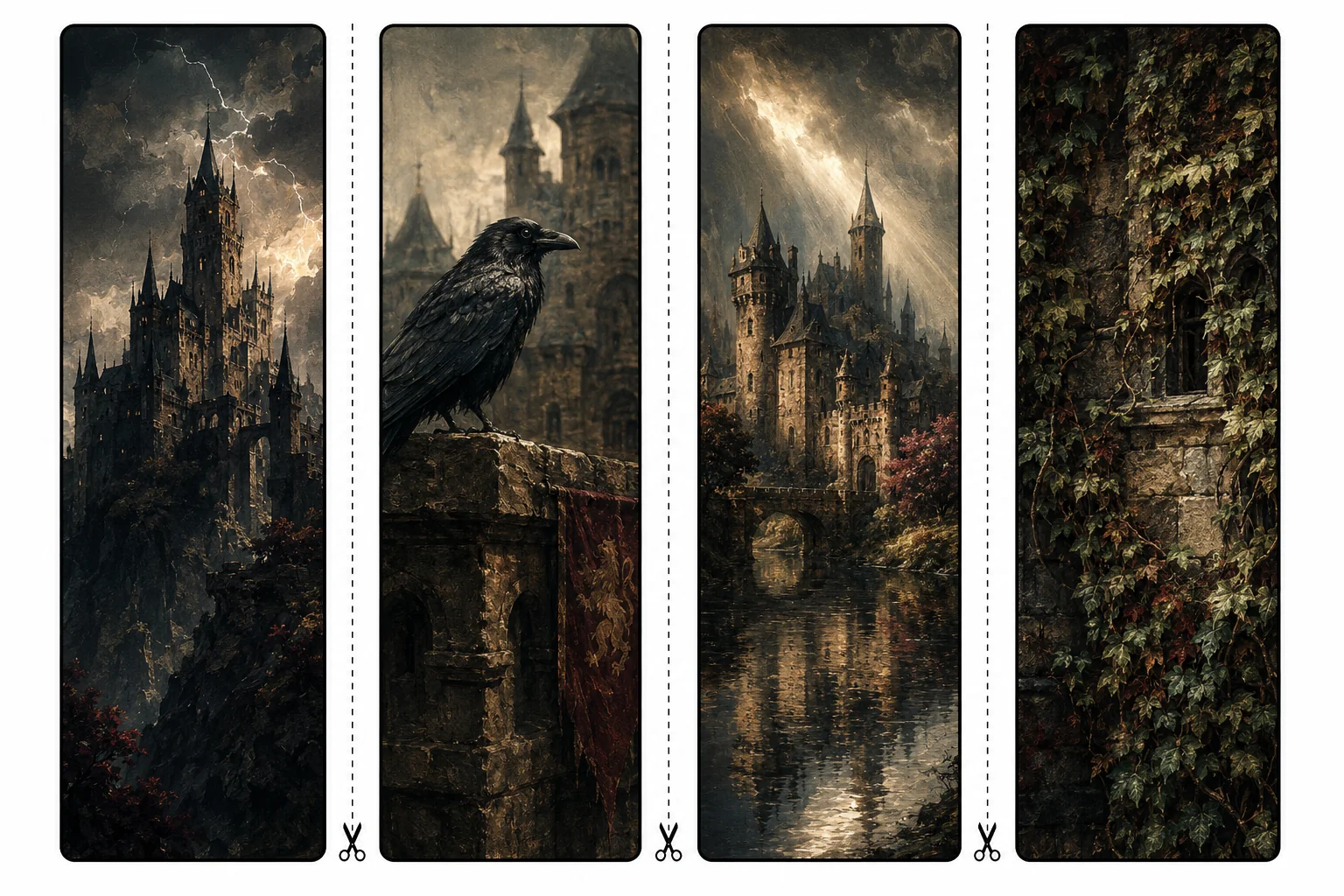 Four printable gothic bookmarks with a stormy castle, a raven on a parapet, a moat reflecting towers, and ivy on ancient stone walls