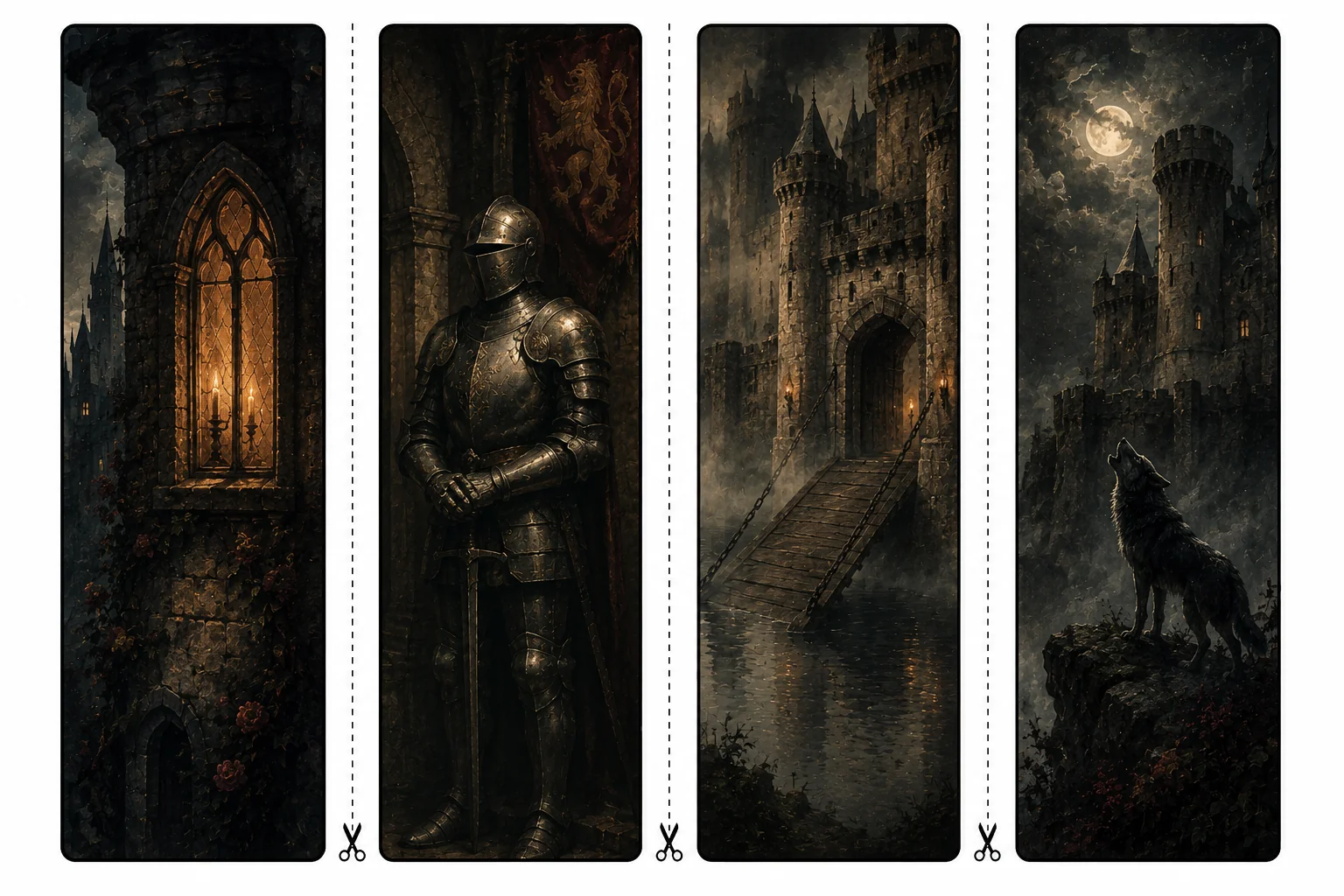 Four printable gothic bookmarks with a candlelit tower window, a suit of armor, a drawbridge over a misty moat, and a wolf howling beneath the walls