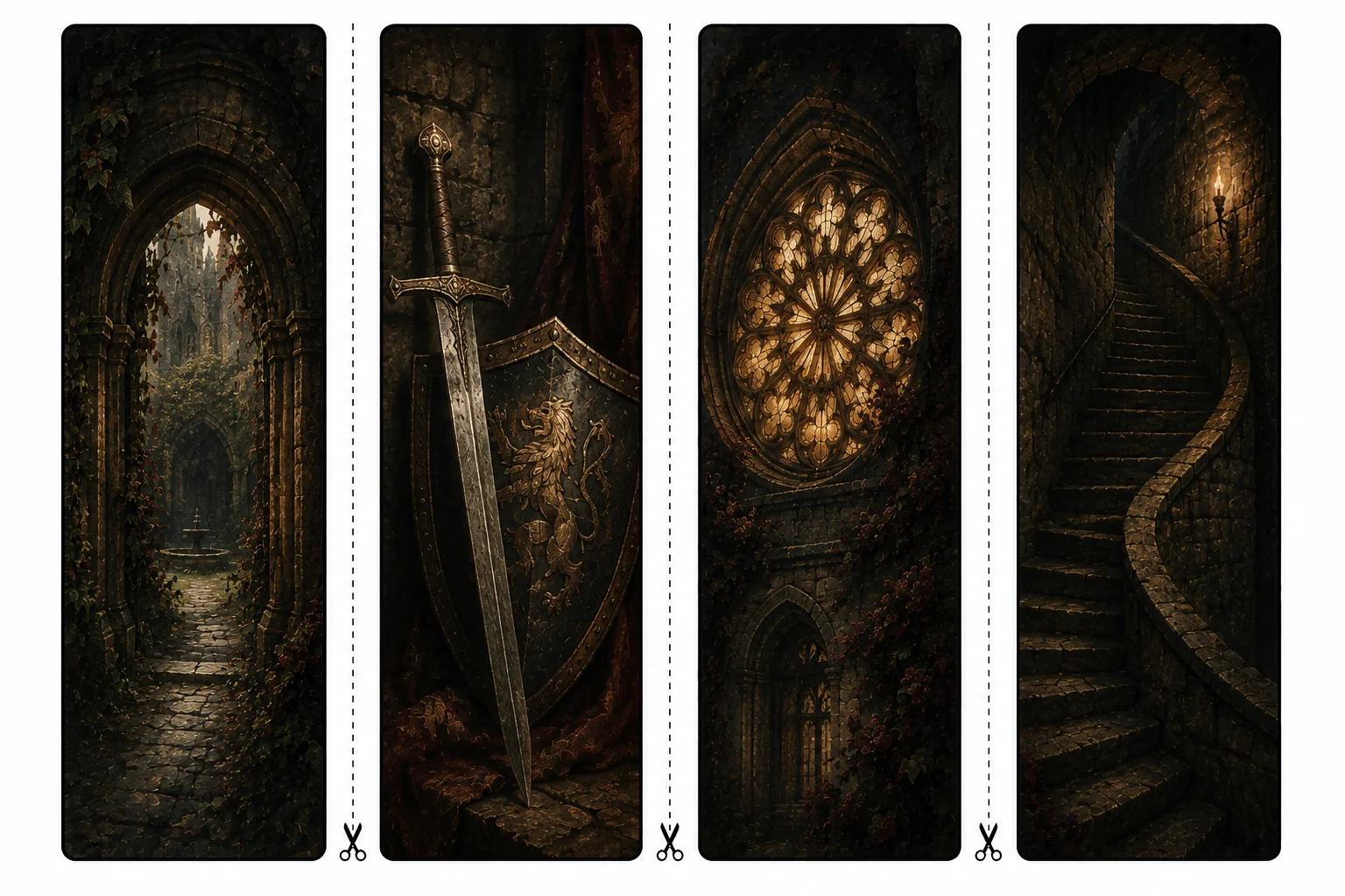 Four printable gothic bookmarks with a stone archway to a courtyard, a knight's sword and lion shield, a glowing rose window, and a winding stone staircase