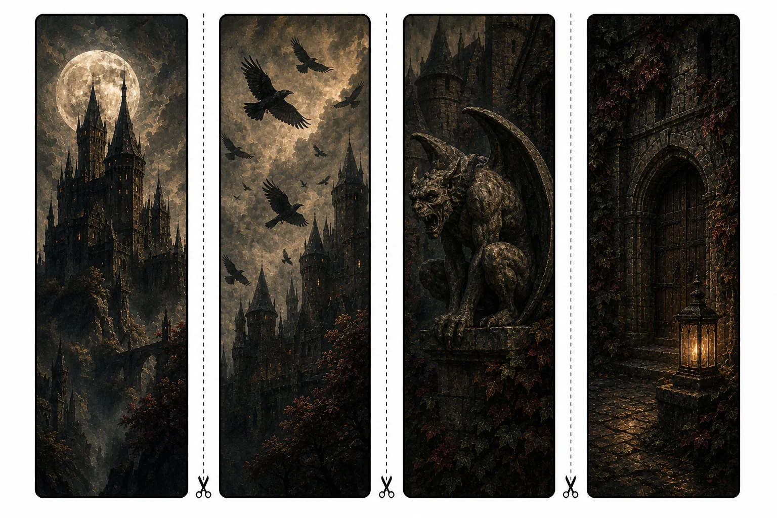 Four printable gothic bookmarks with a full moon behind a castle spire, ravens circling towers, a stone gargoyle, and a lantern at an ancient gate