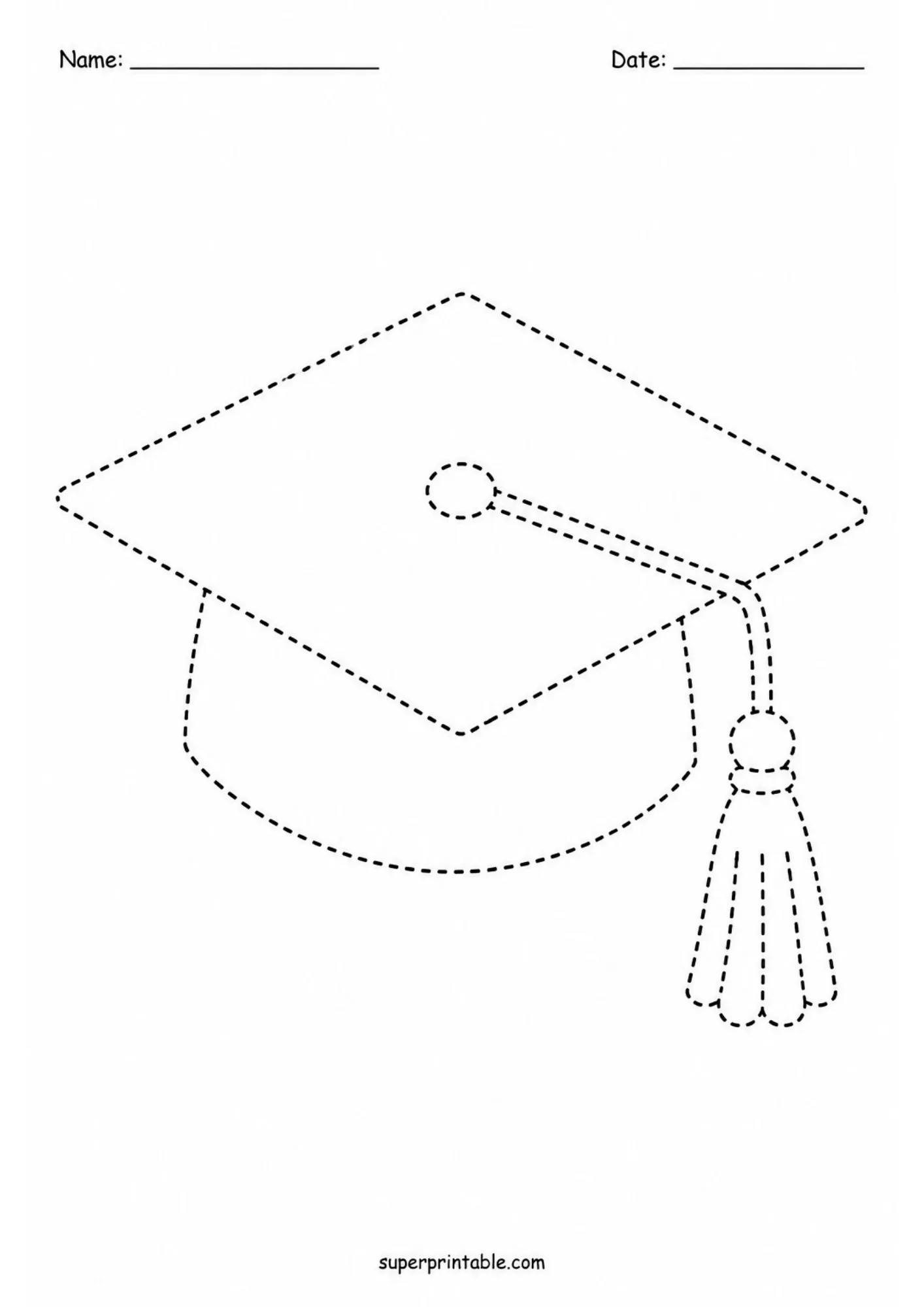 Graduation cap mortarboard tracing printable for end of school year kindergarten activities.