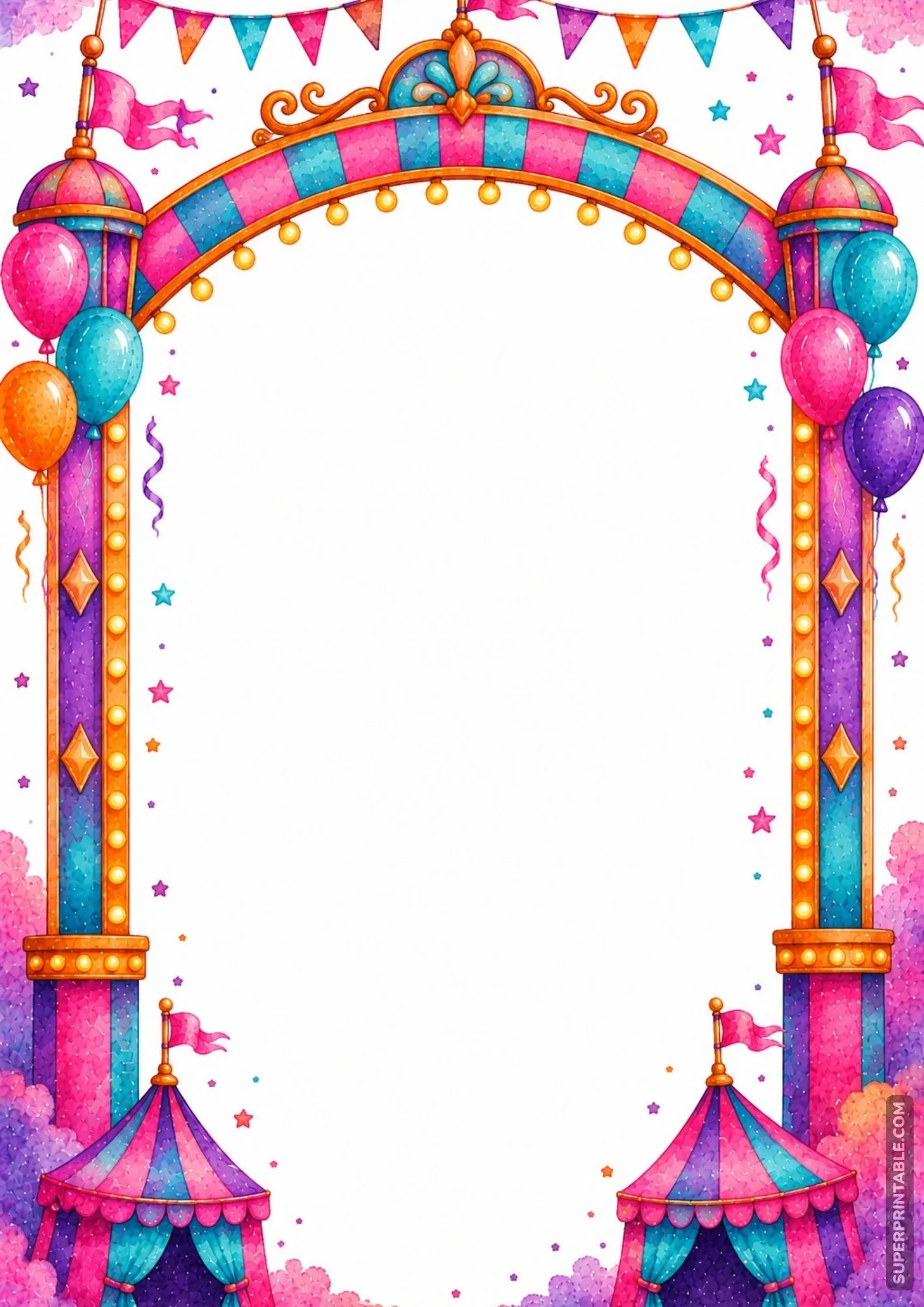 Fun fair border pages template with grand illuminated entrance archway and circus tents.