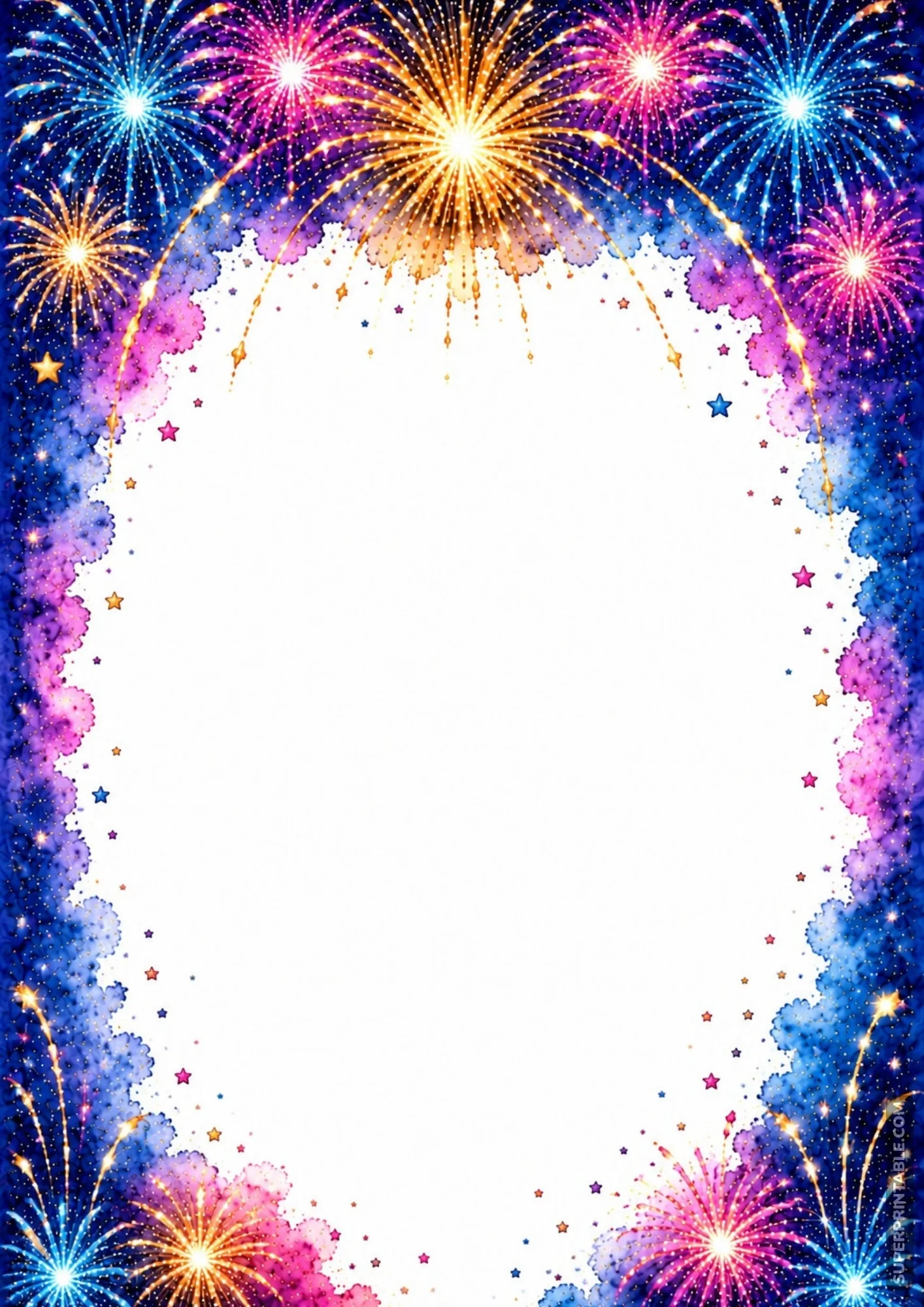 Grand golden firework explosion topping a full-page border of deep blue watercolor clouds and star sparkles.