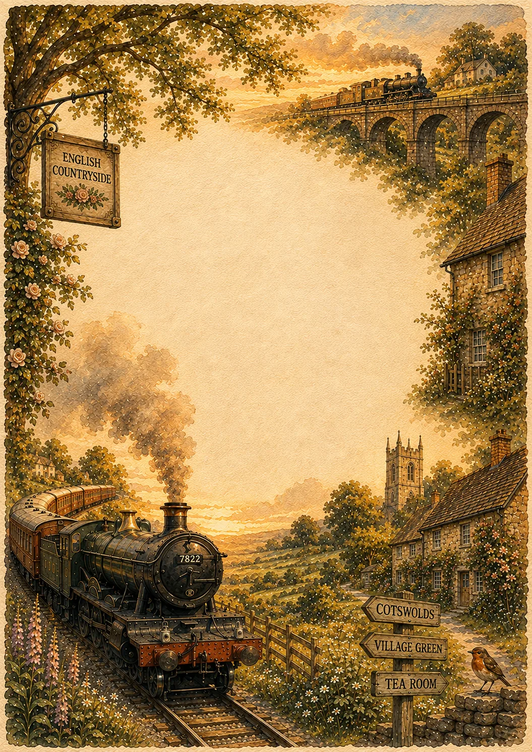 Grand historic railway station with ornate stone archways and soft washed border clipart.