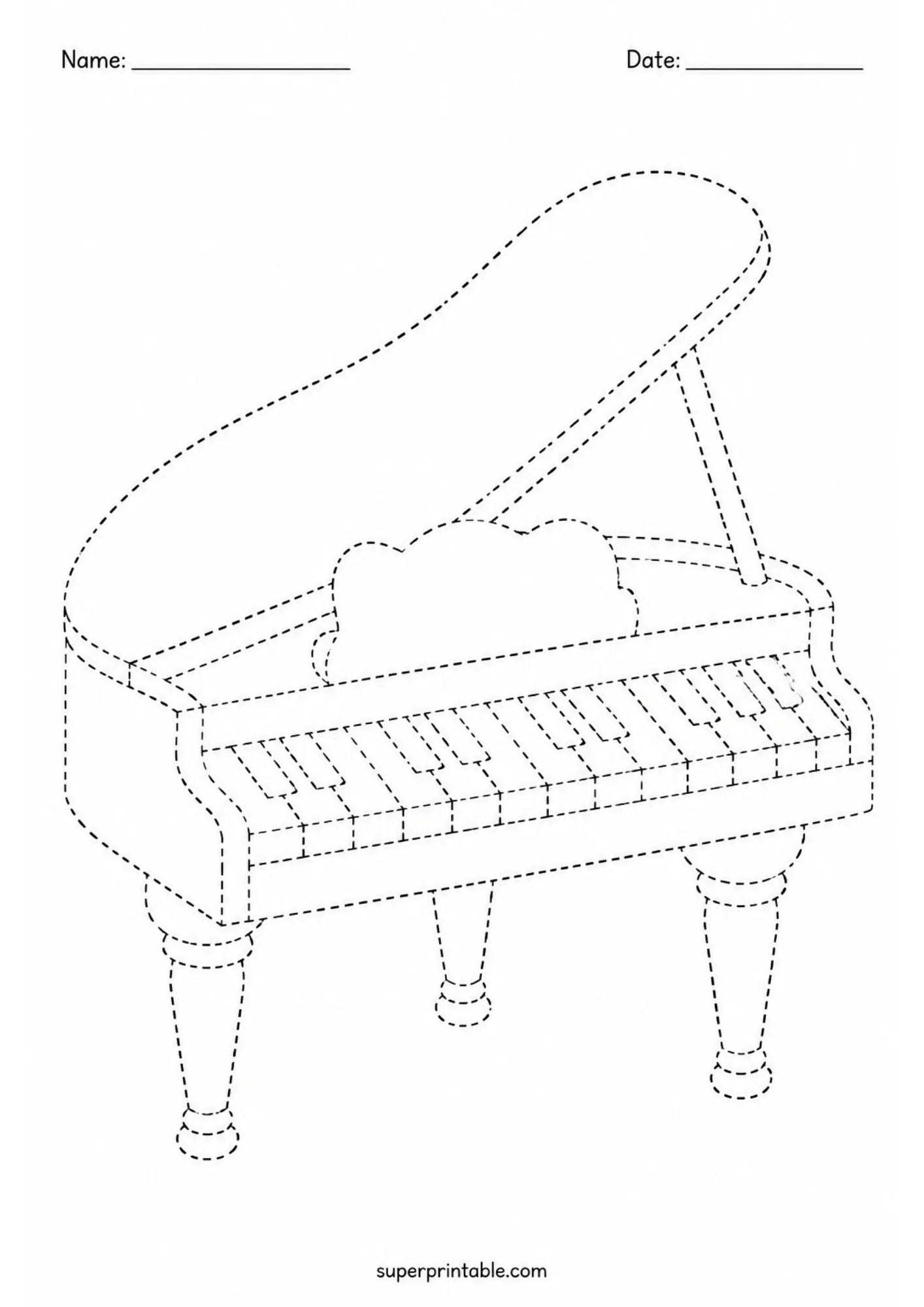 Printable grand piano with dotted lines for tracing practice.