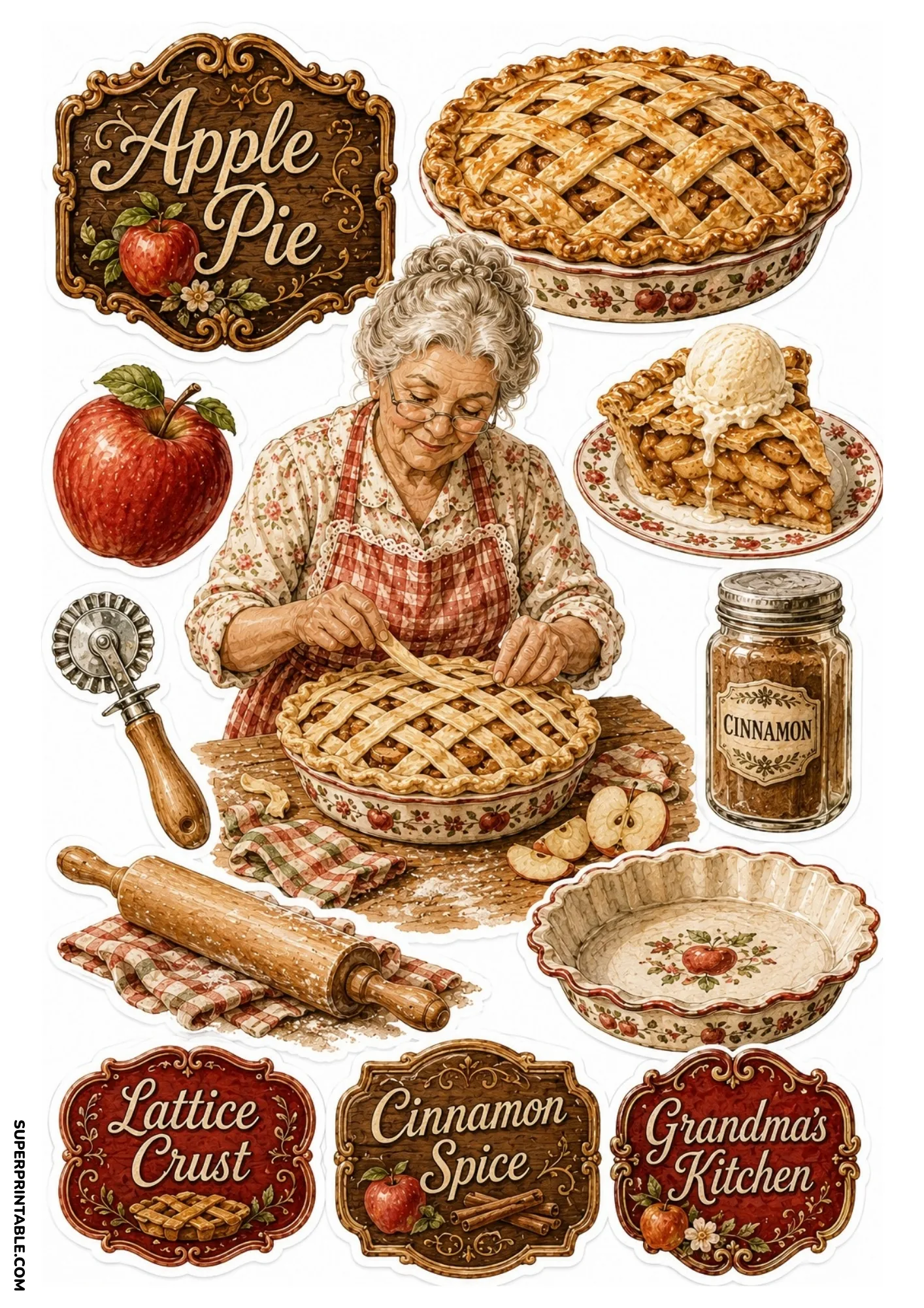 Vintage apple pie sticker sheet depicting a grandmother baking a lattice pie alongside fresh apples, rolling pin, and cinnamon jar.