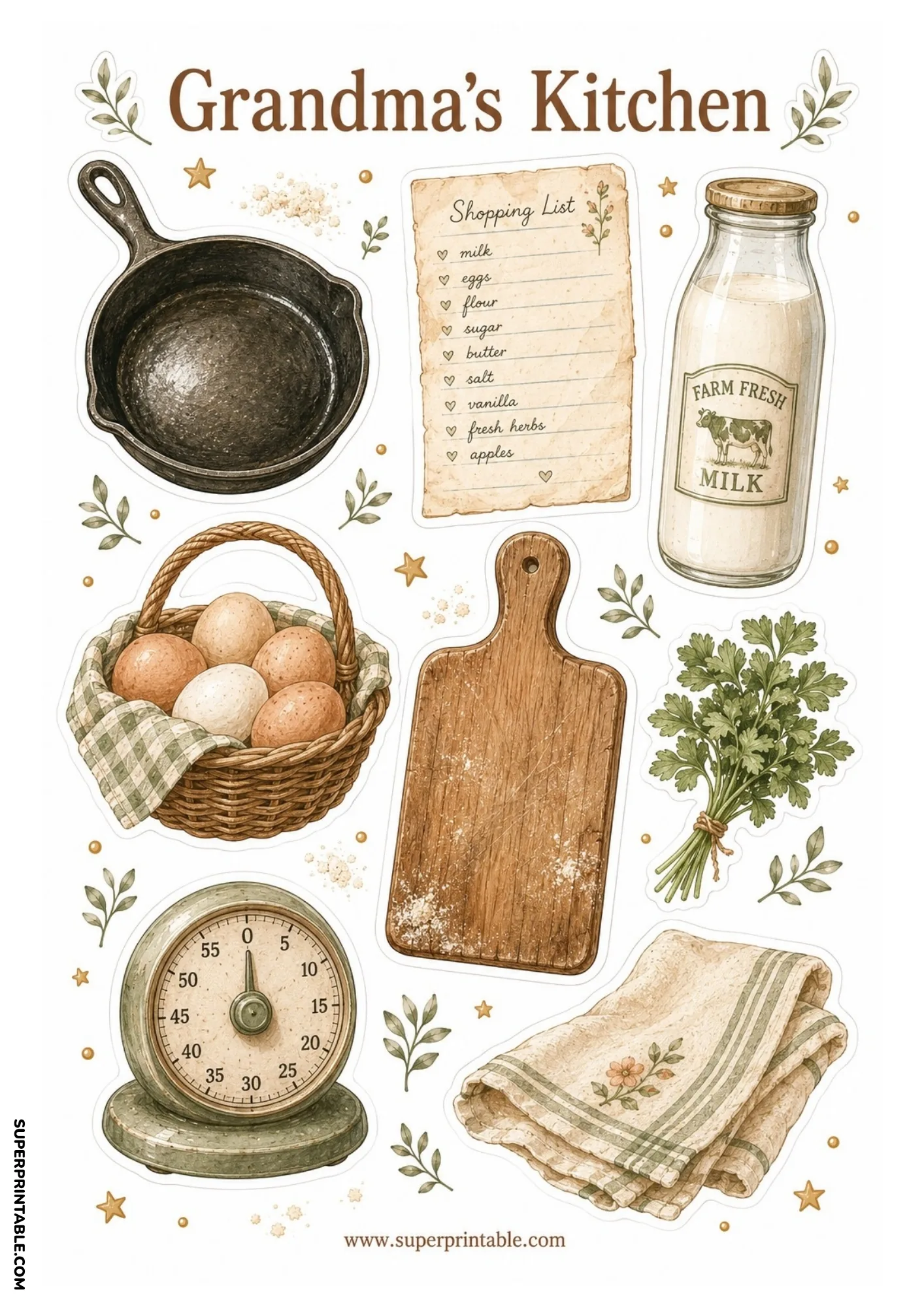 Cast iron skillet, farm fresh milk bottle, egg basket, and wooden cutting board for rustic kitchen craft layouts.