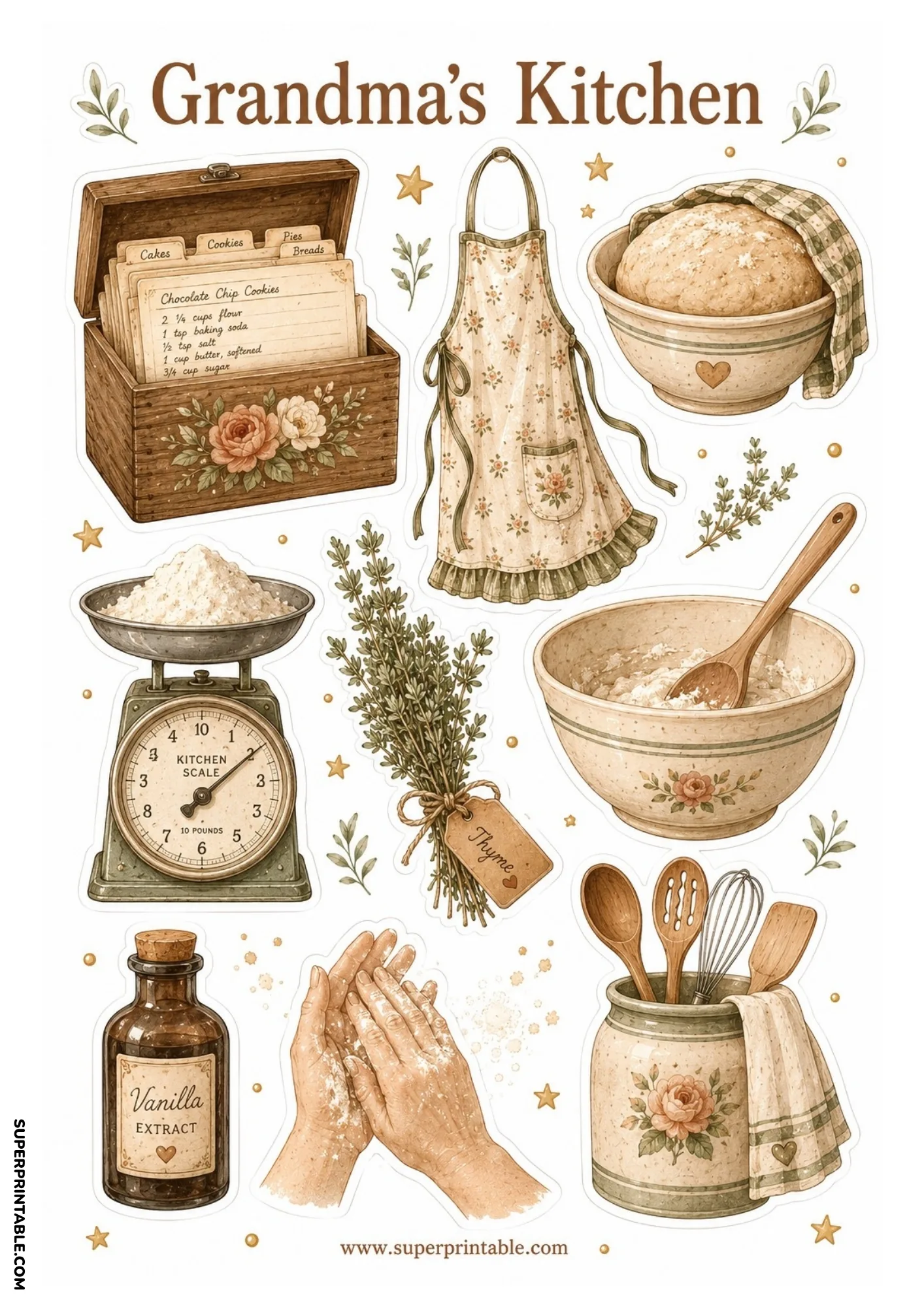 Grandma's kitchen nostalgia sticker sheets showing wooden recipe box, floral bib apron, and flour-covered hands.