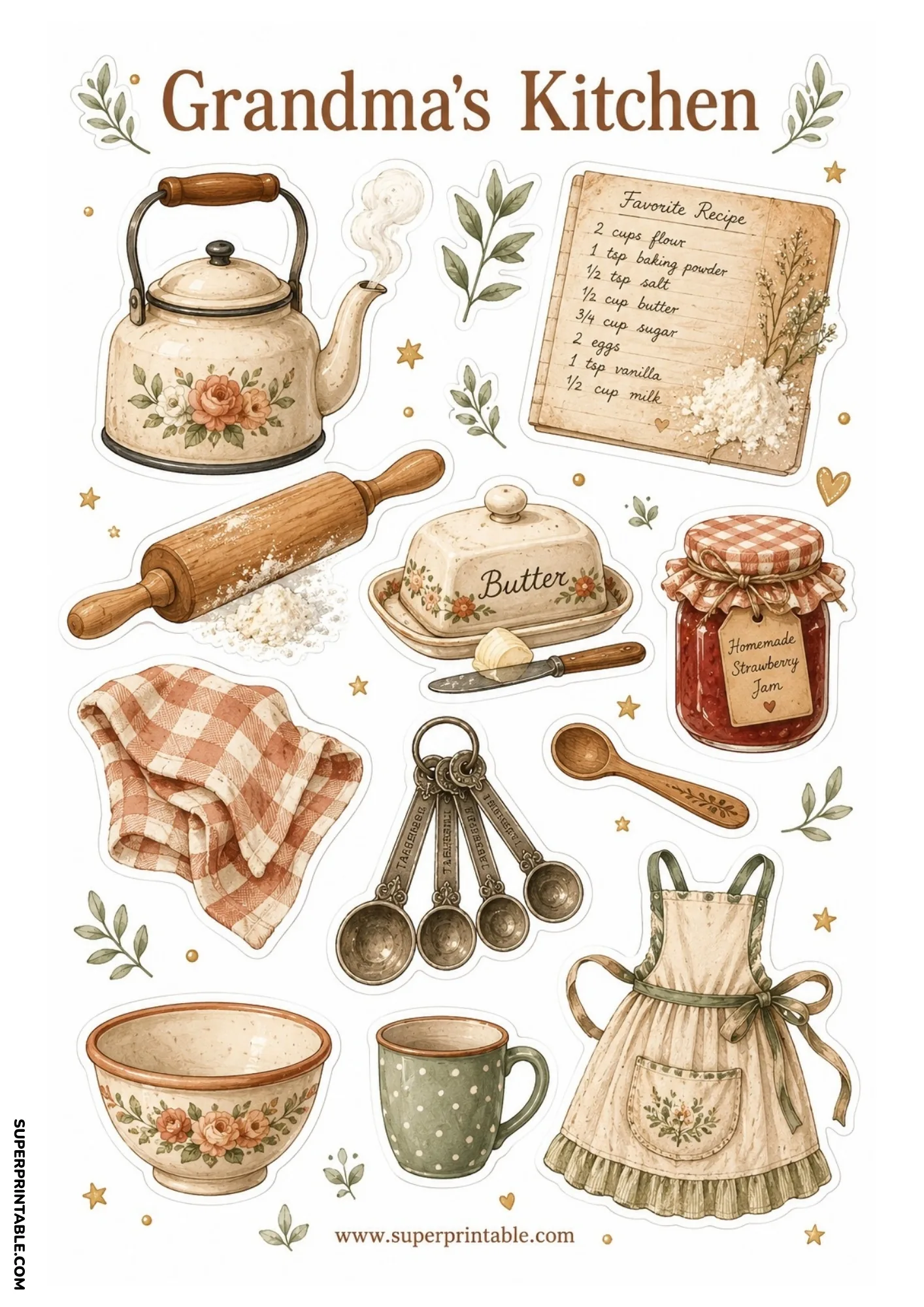 Vintage Grandma's Kitchen nostalgia sticker sheets with kettle, jam jar, mixing bowl, and apron for journaling.