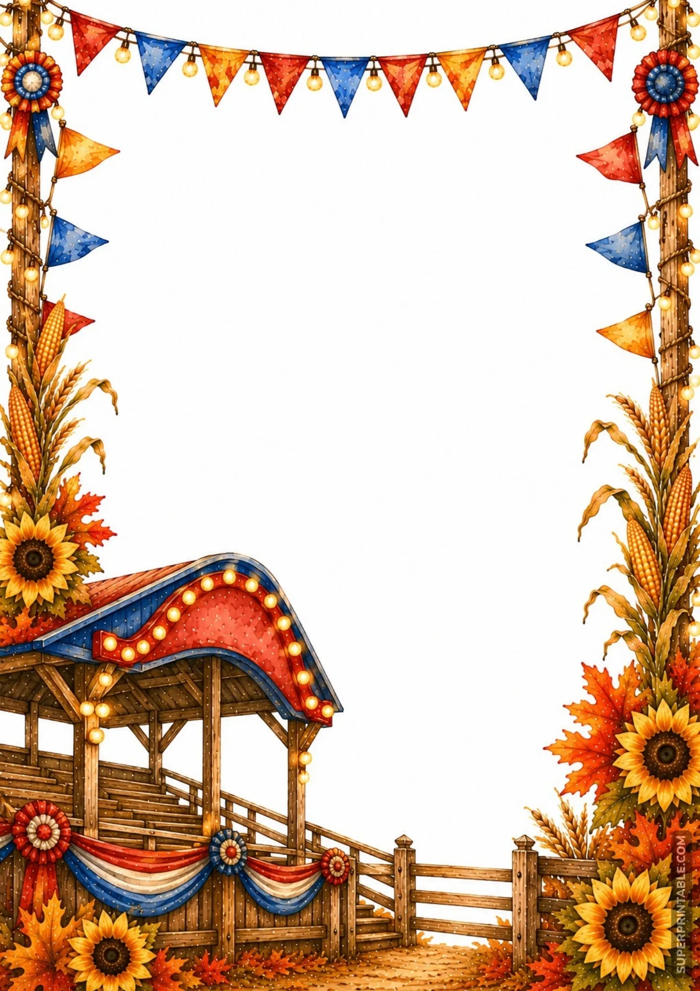 County fair arena border featuring wooden grandstand bleachers decorated with patriotic bunting and sunflowers.