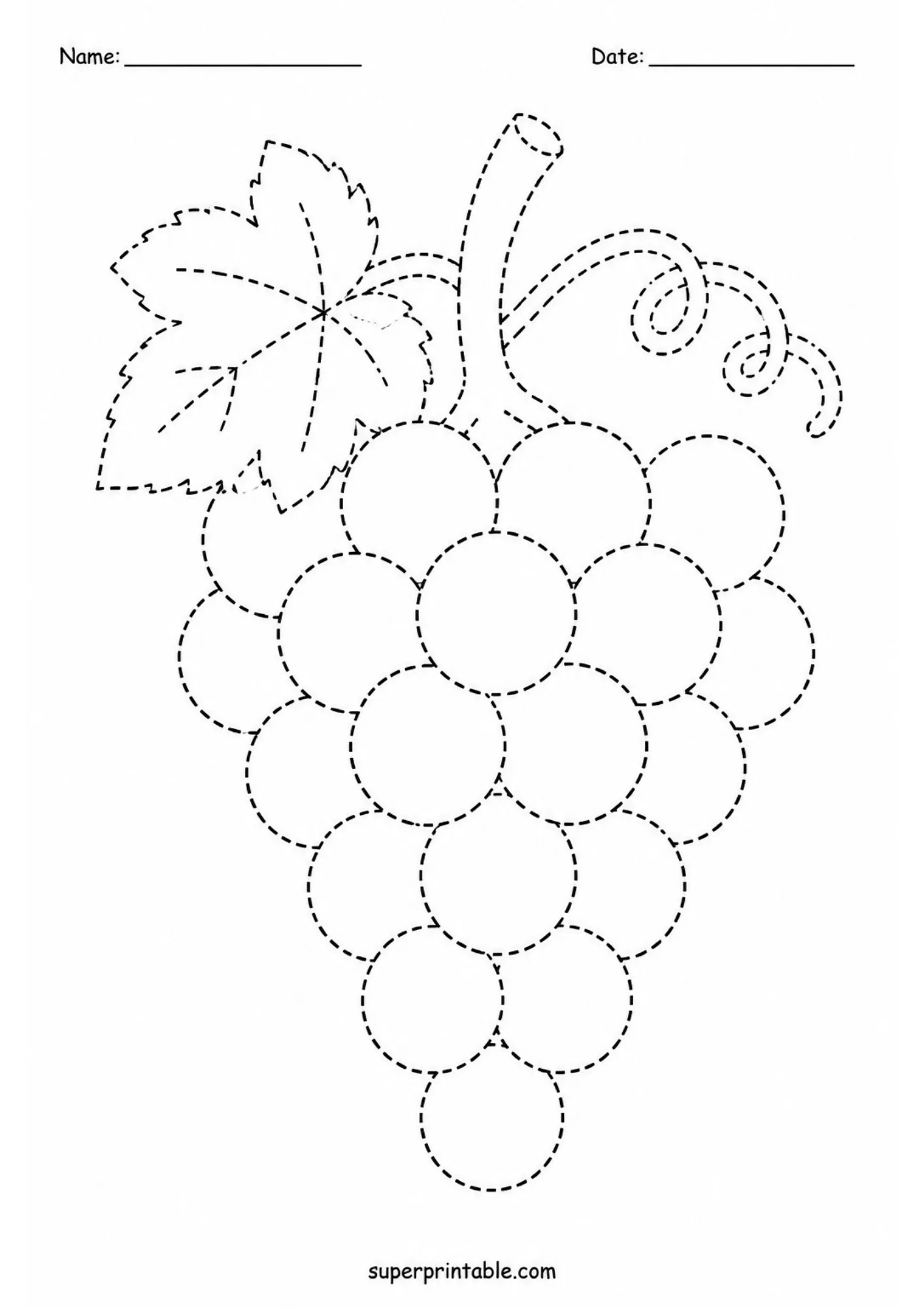 Bunch of grapes with a vine leaf and tendril drawn in dashed lines.