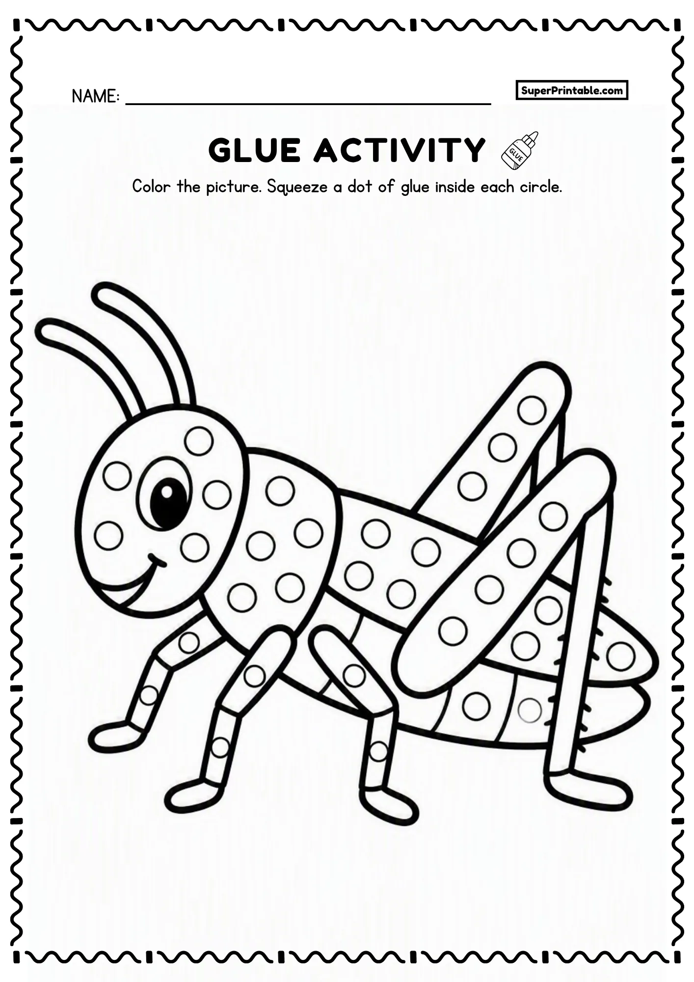 Printable grasshopper dot glue insects worksheet with jumping pose and long legs and dot circles
