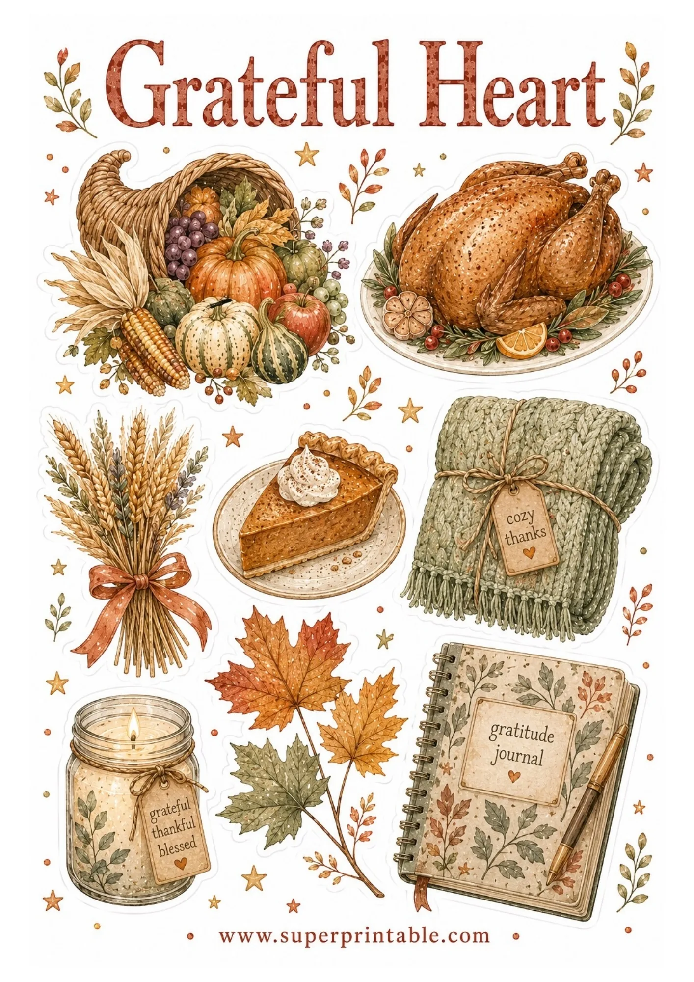 Printable Thanksgiving sticker sheet showing watercolor cornucopia, roast turkey, wheat bundle, pumpkin pie, cozy blanket, candle jar, and gratitude journal.